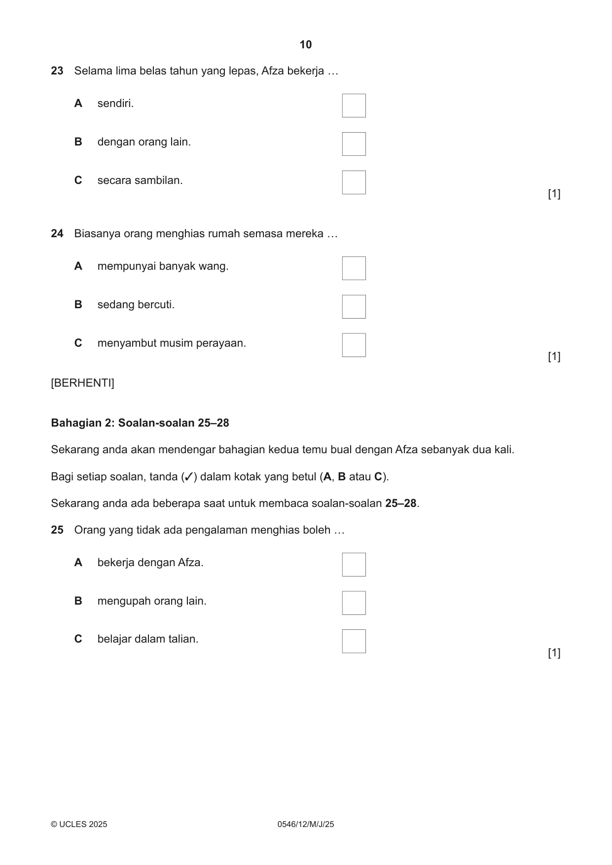 Cambridge IGCSE Malay - Foreign Language 0546 2025 May/June Paper 1 · Variant 2 question paper, page 10 of 16