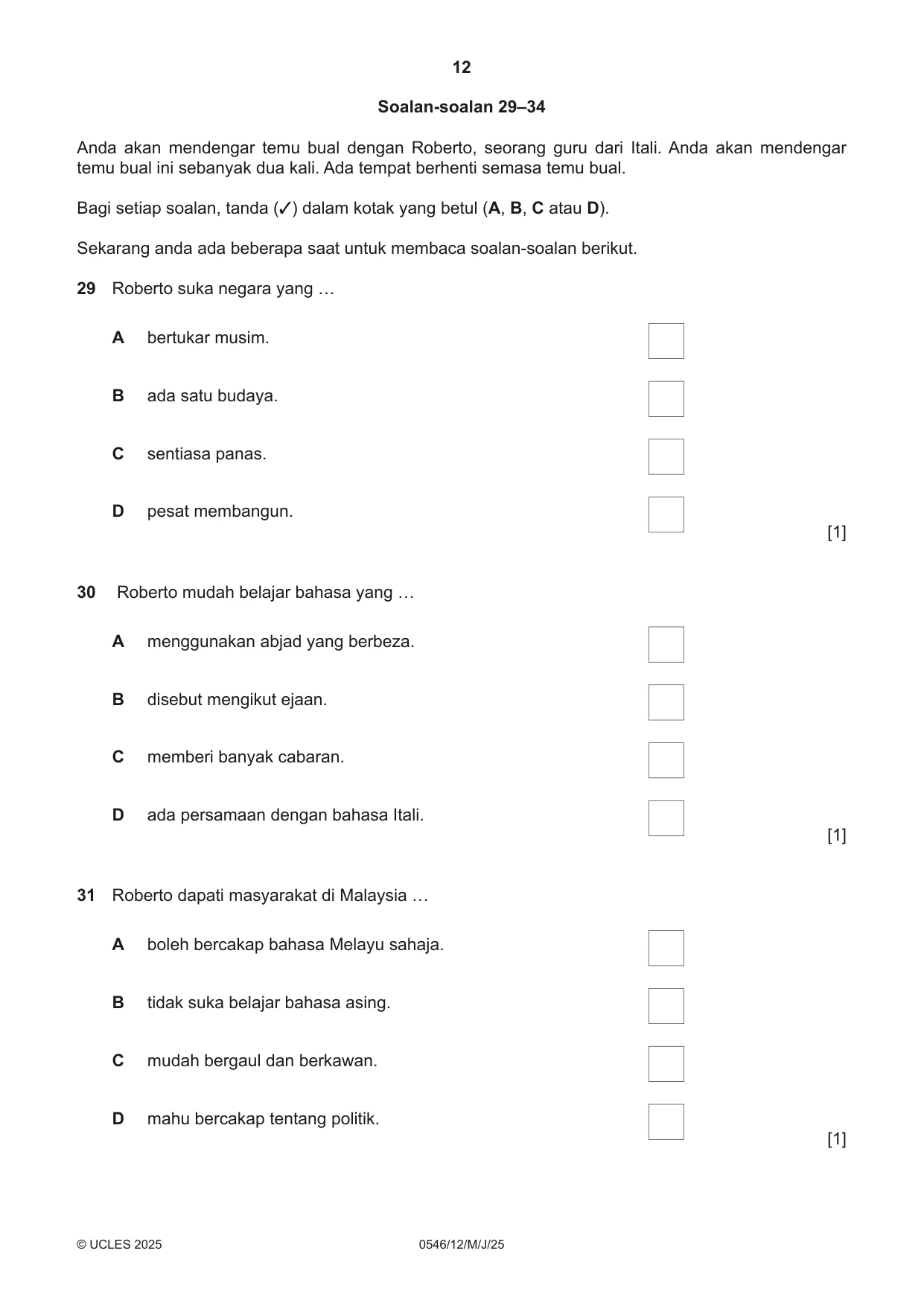 Cambridge IGCSE Malay - Foreign Language 0546 2025 May/June Paper 1 · Variant 2 question paper, page 12 of 16