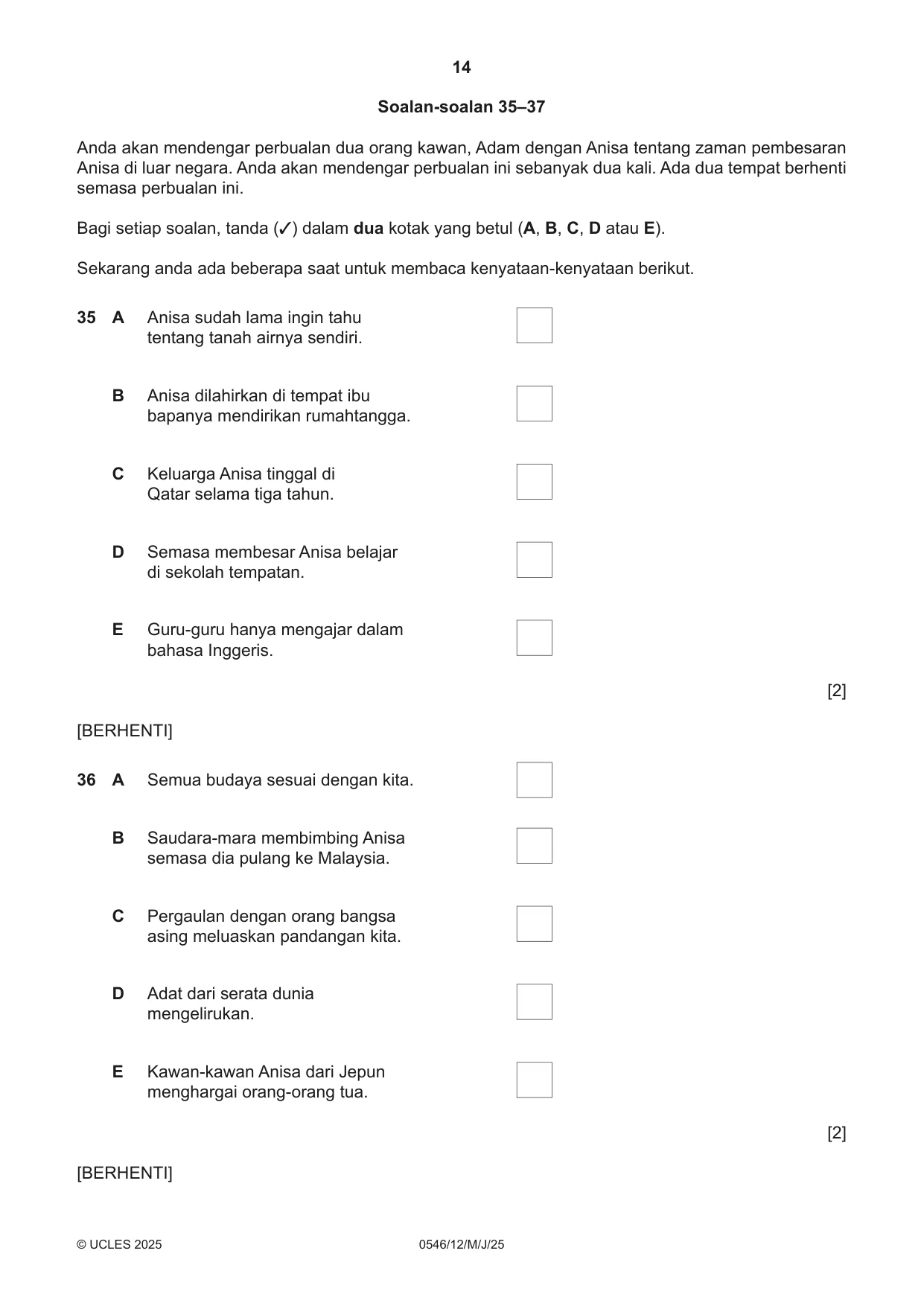 Cambridge IGCSE Malay - Foreign Language 0546 2025 May/June Paper 1 · Variant 2 question paper, page 14 of 16