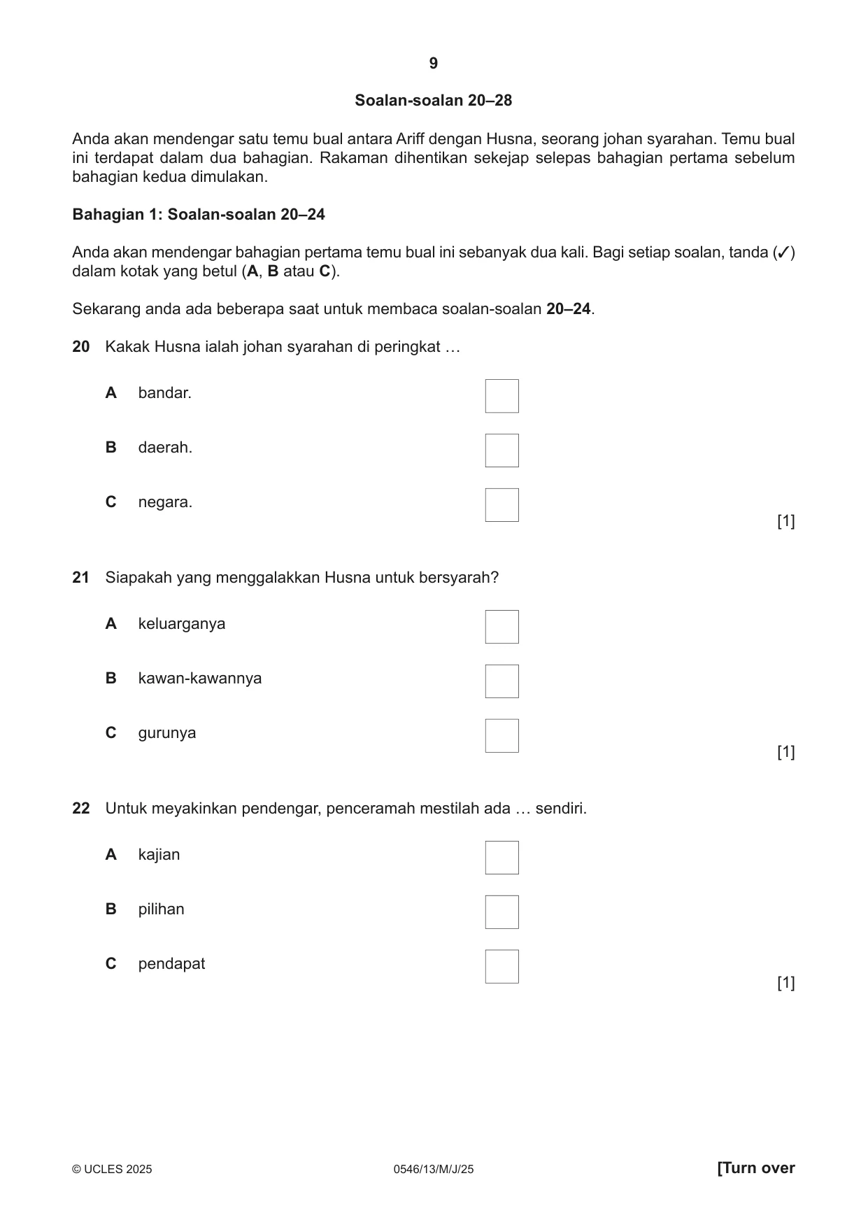 Cambridge IGCSE Malay - Foreign Language 0546 2025 May/June Paper 1 · Variant 3 question paper, page 9 of 16
