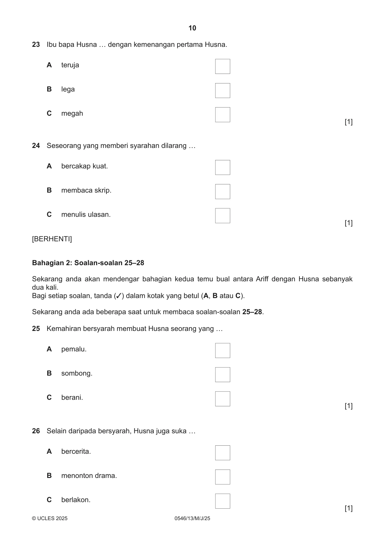 Cambridge IGCSE Malay - Foreign Language 0546 2025 May/June Paper 1 · Variant 3 question paper, page 10 of 16
