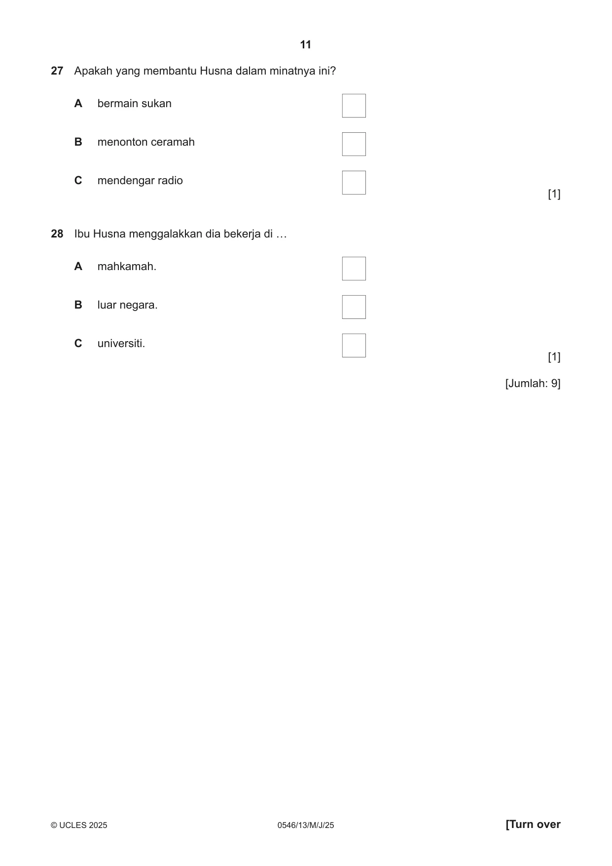 Cambridge IGCSE Malay - Foreign Language 0546 2025 May/June Paper 1 · Variant 3 question paper, page 11 of 16