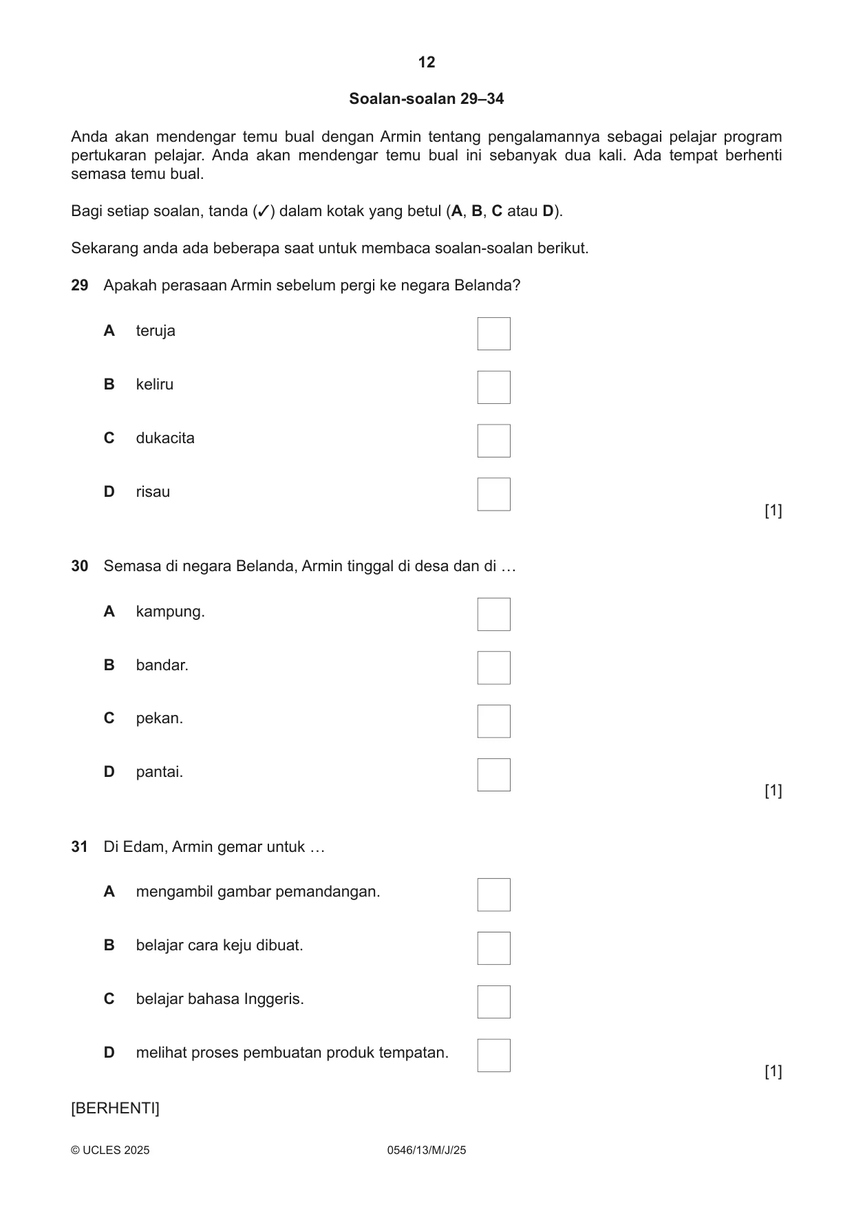 Cambridge IGCSE Malay - Foreign Language 0546 2025 May/June Paper 1 · Variant 3 question paper, page 12 of 16