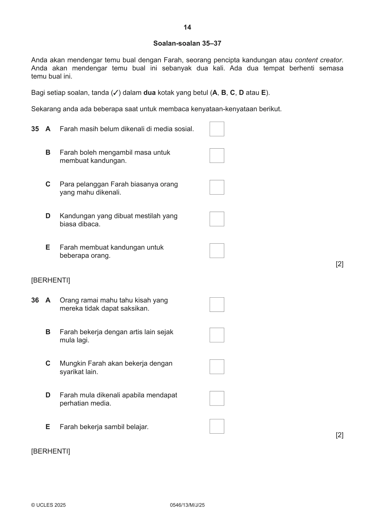 Cambridge IGCSE Malay - Foreign Language 0546 2025 May/June Paper 1 · Variant 3 question paper, page 14 of 16