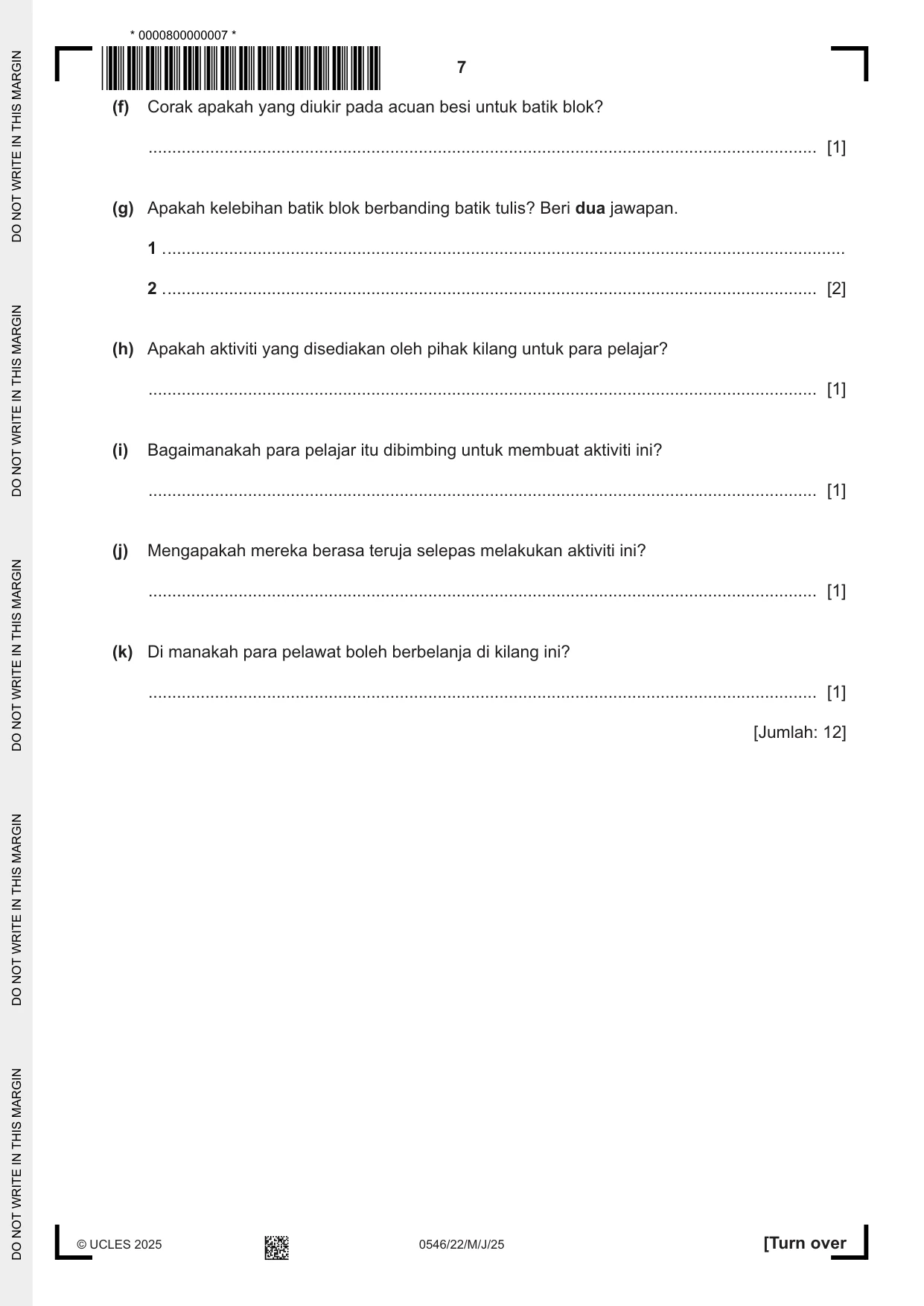 Cambridge IGCSE Malay - Foreign Language 0546 2025 May/June Paper 2 · Variant 2 question paper, page 7 of 12