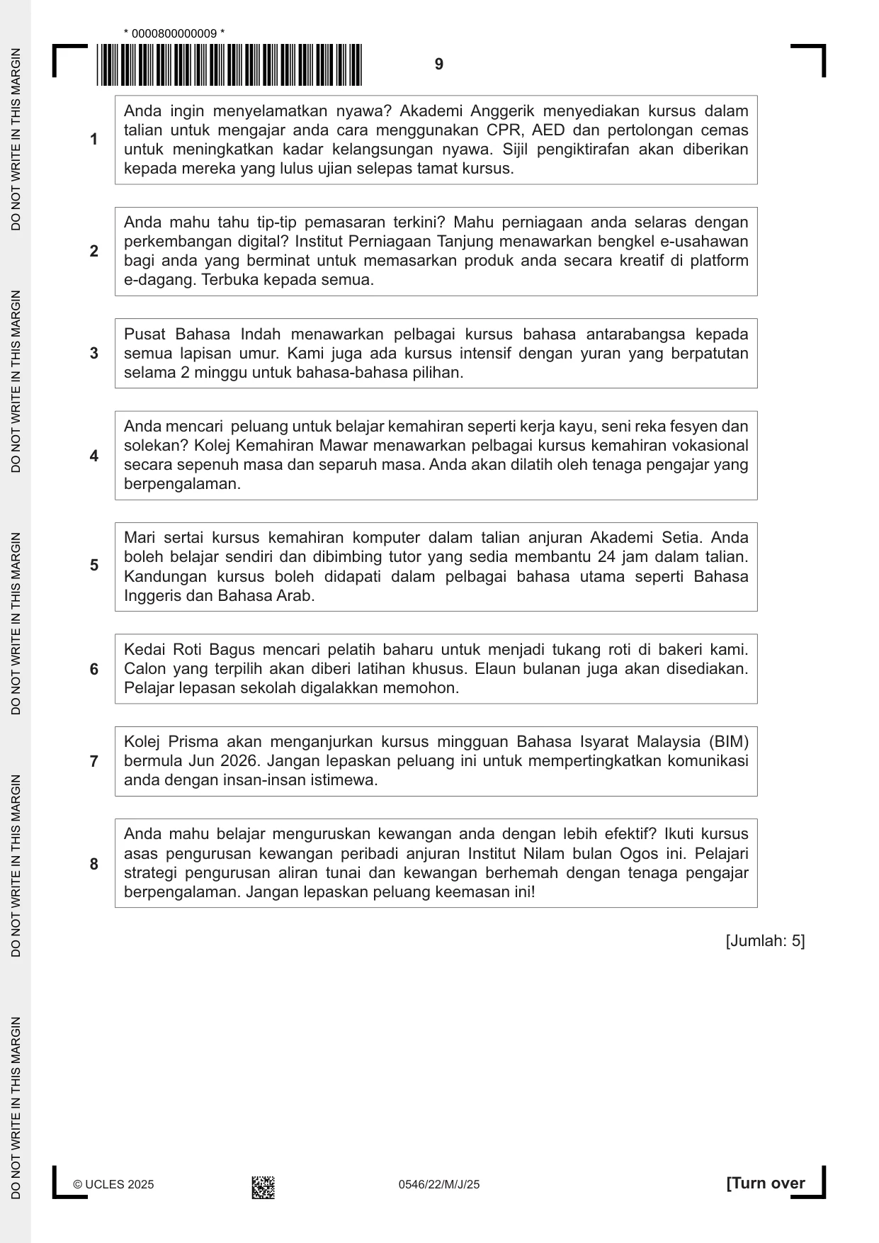 Cambridge IGCSE Malay - Foreign Language 0546 2025 May/June Paper 2 · Variant 2 question paper, page 9 of 12