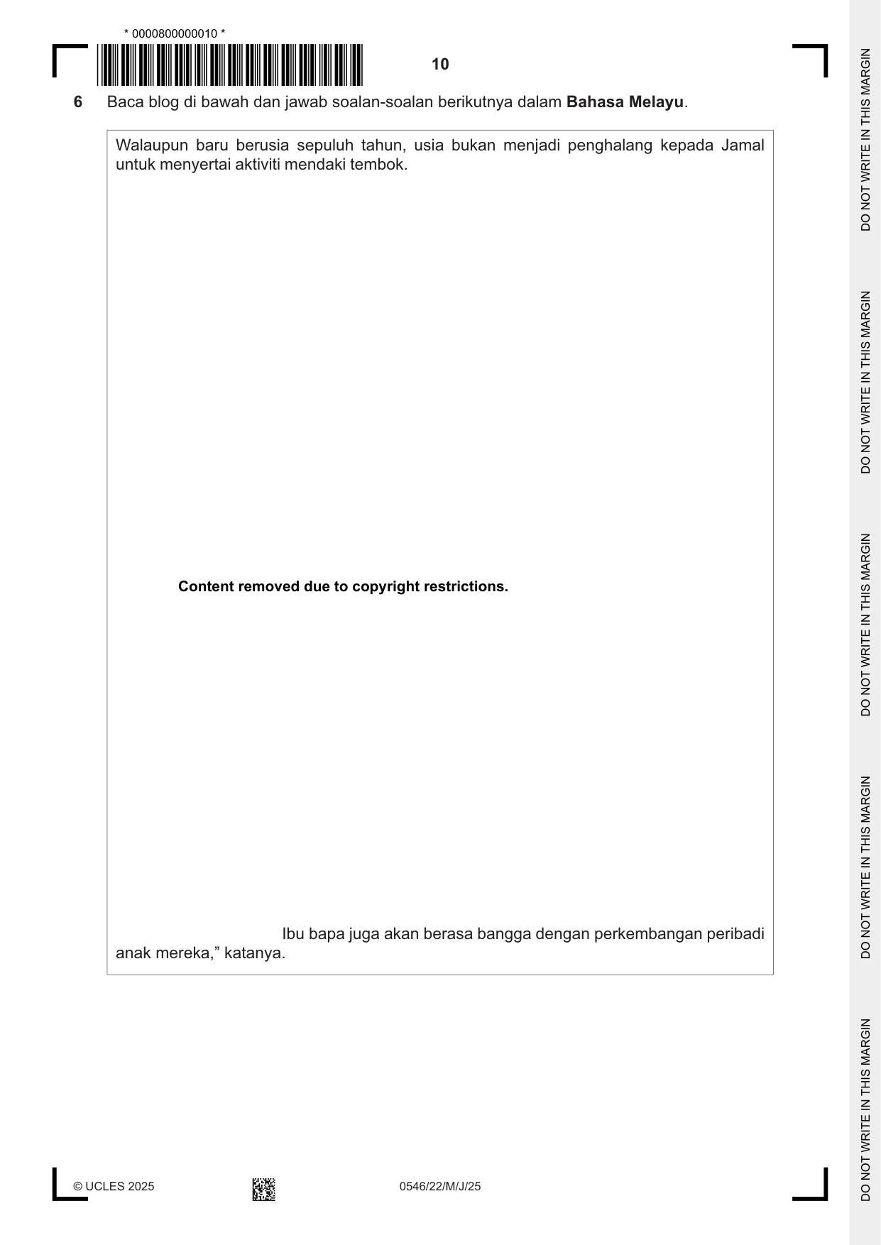 Cambridge IGCSE Malay - Foreign Language 0546 2025 May/June Paper 2 · Variant 2 question paper, page 10 of 12