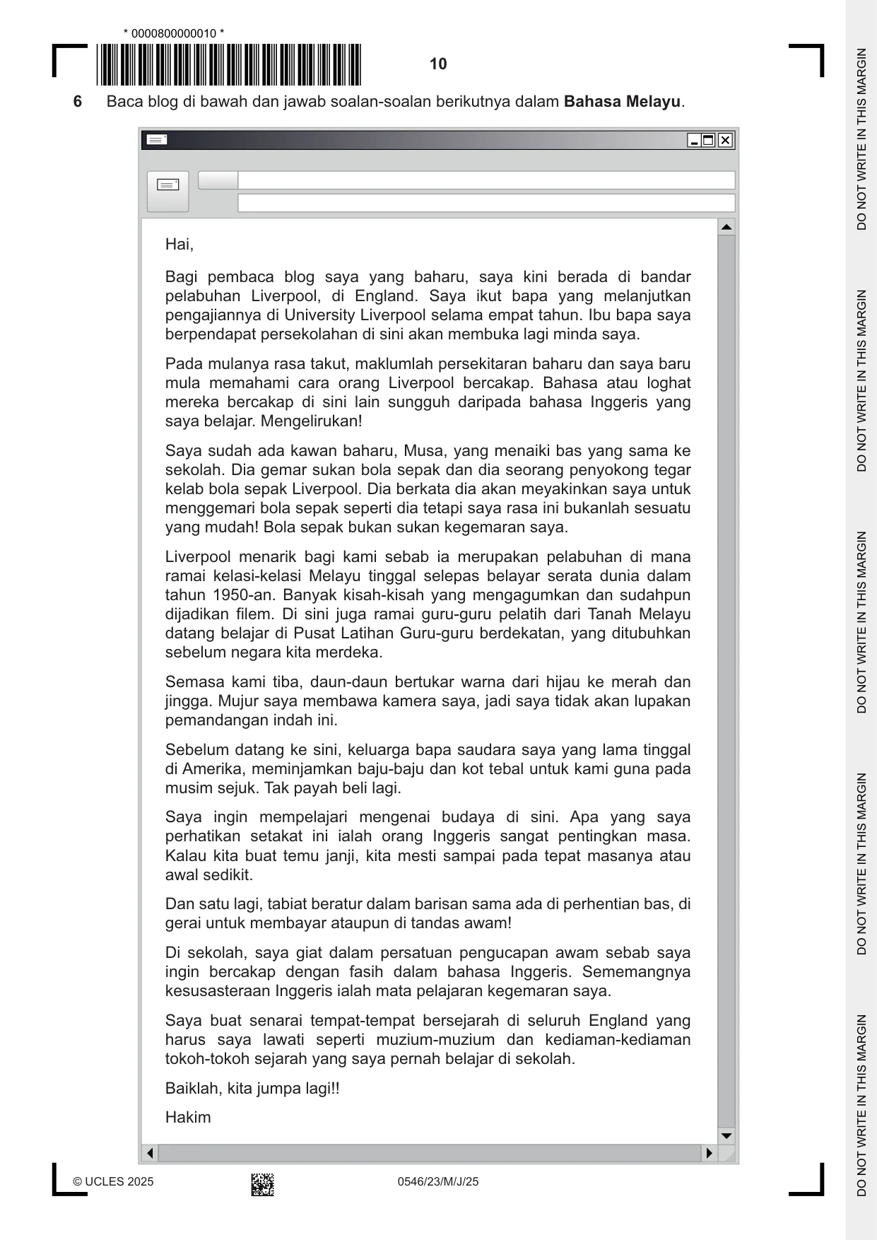 Cambridge IGCSE Malay - Foreign Language 0546 2025 May/June Paper 2 · Variant 3 question paper, page 10 of 12