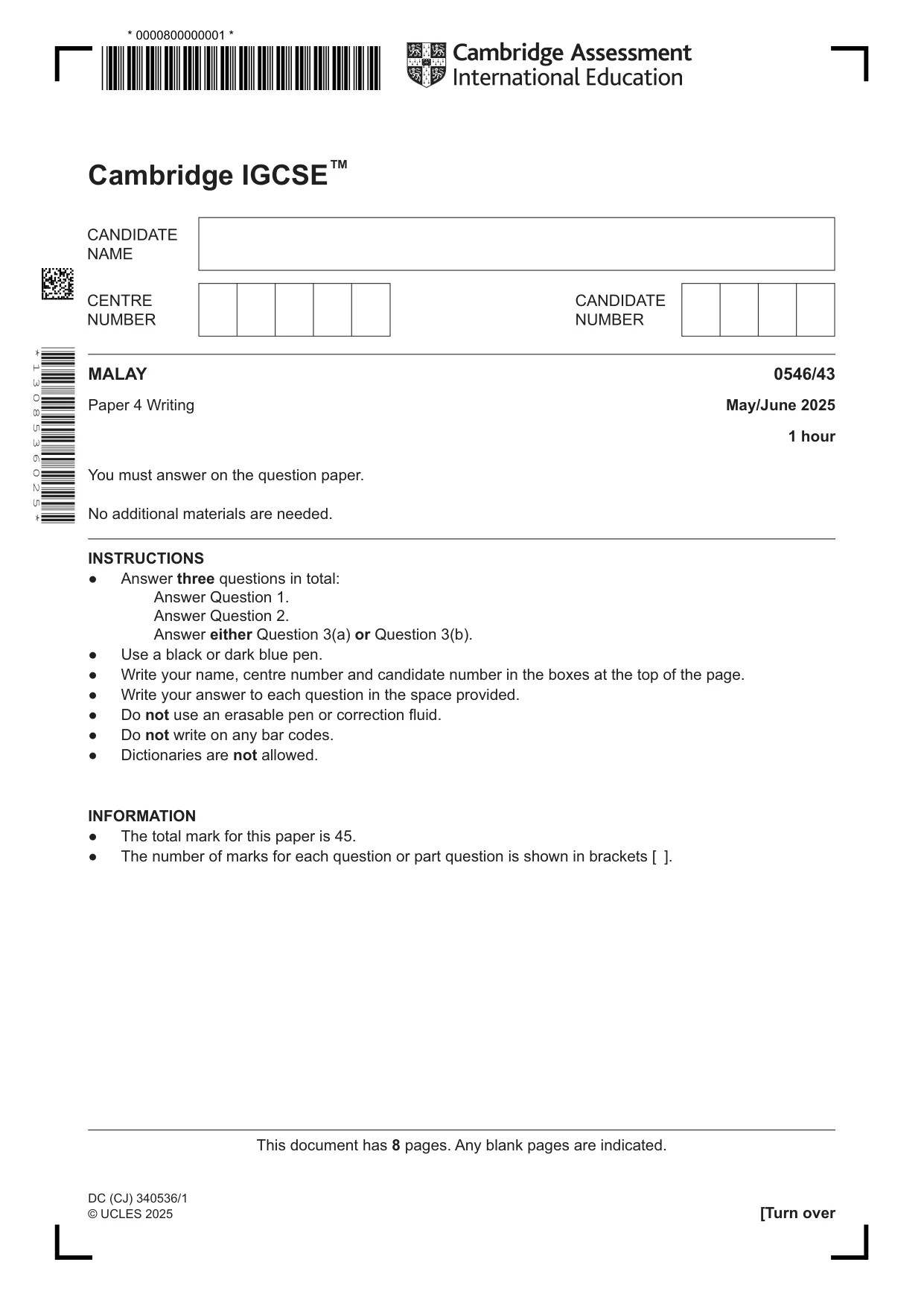 Cambridge IGCSE Malay - Foreign Language 0546 2025 May/June Paper 4 · Variant 3 question paper, page 1 of 8
