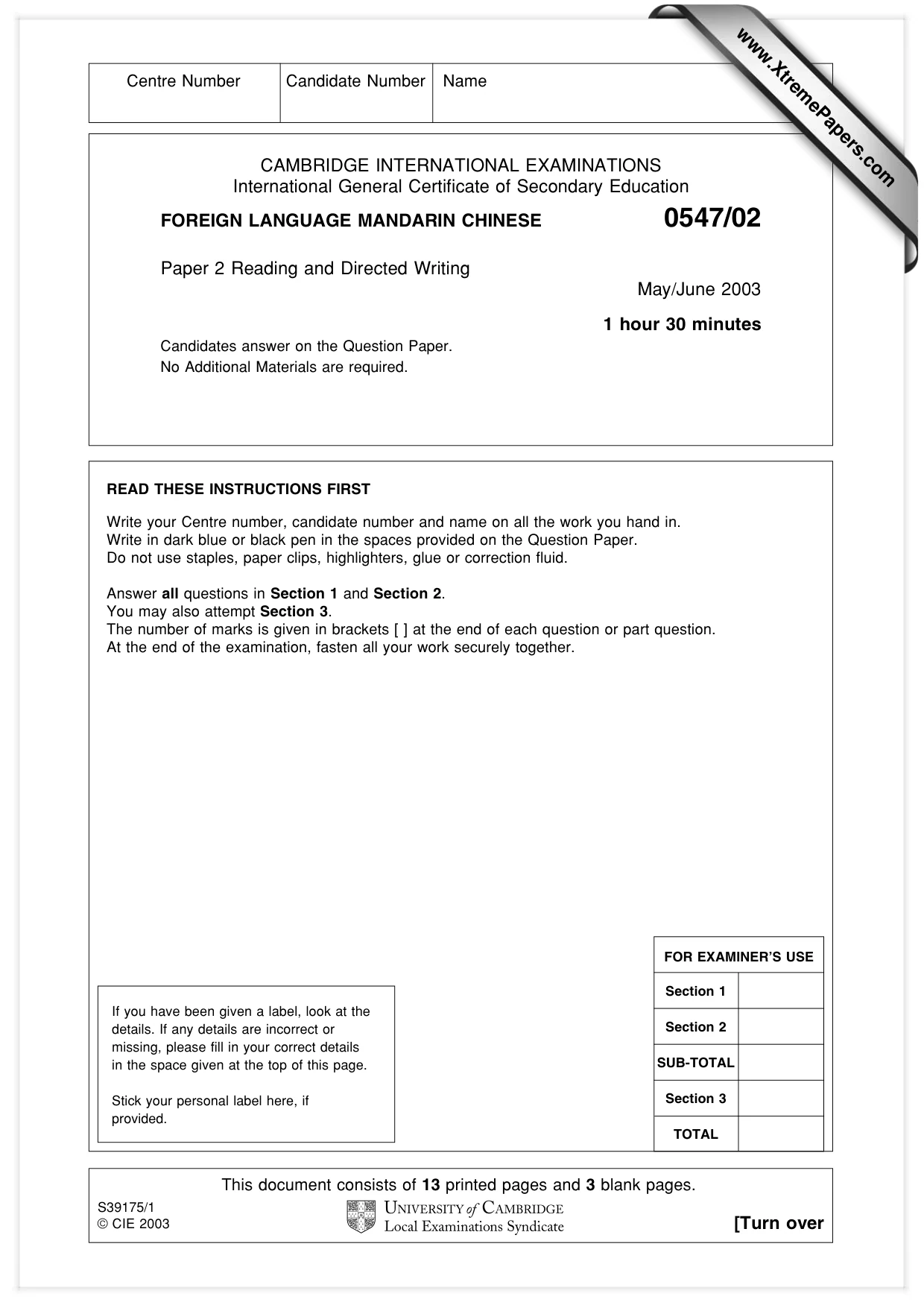 Cambridge IGCSE Chinese (Mandarin) - Foreign Language 0547 2003 May/June Paper 2 · Variant 1 question paper, page 1 of 16