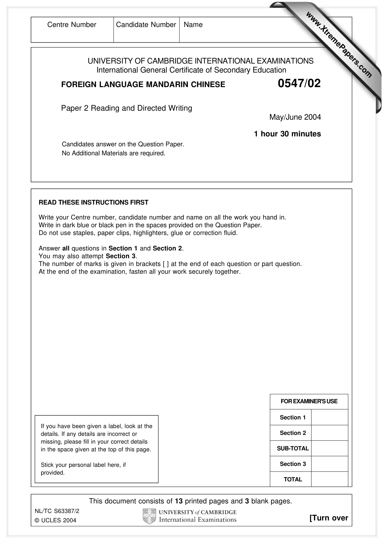 Cambridge IGCSE Chinese (Mandarin) - Foreign Language 0547 2004 May/June Paper 2 · Variant 1 question paper, page 1 of 16