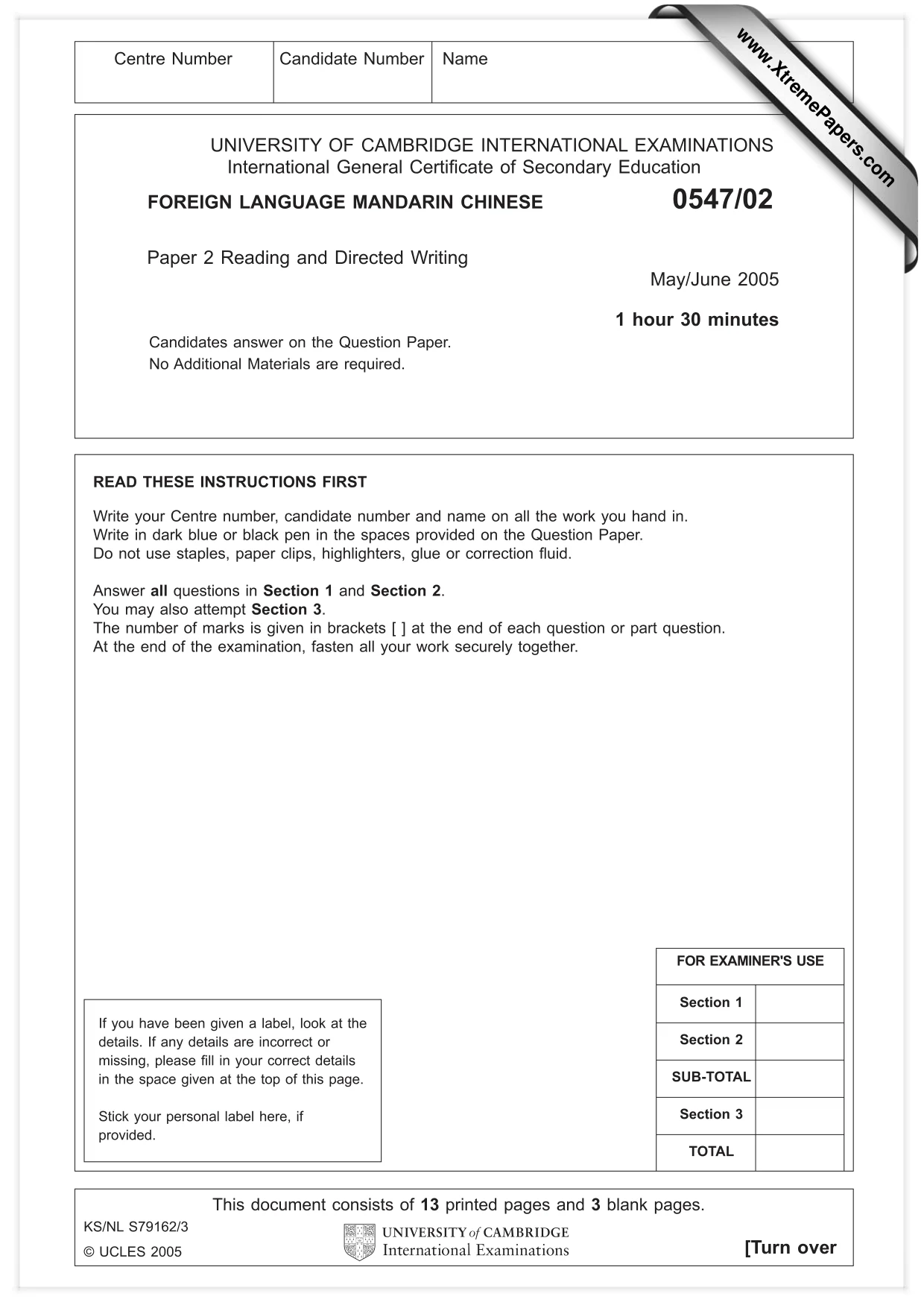 Cambridge IGCSE Chinese (Mandarin) - Foreign Language 0547 2005 May/June Paper 2 · Variant 1 question paper, page 1 of 16