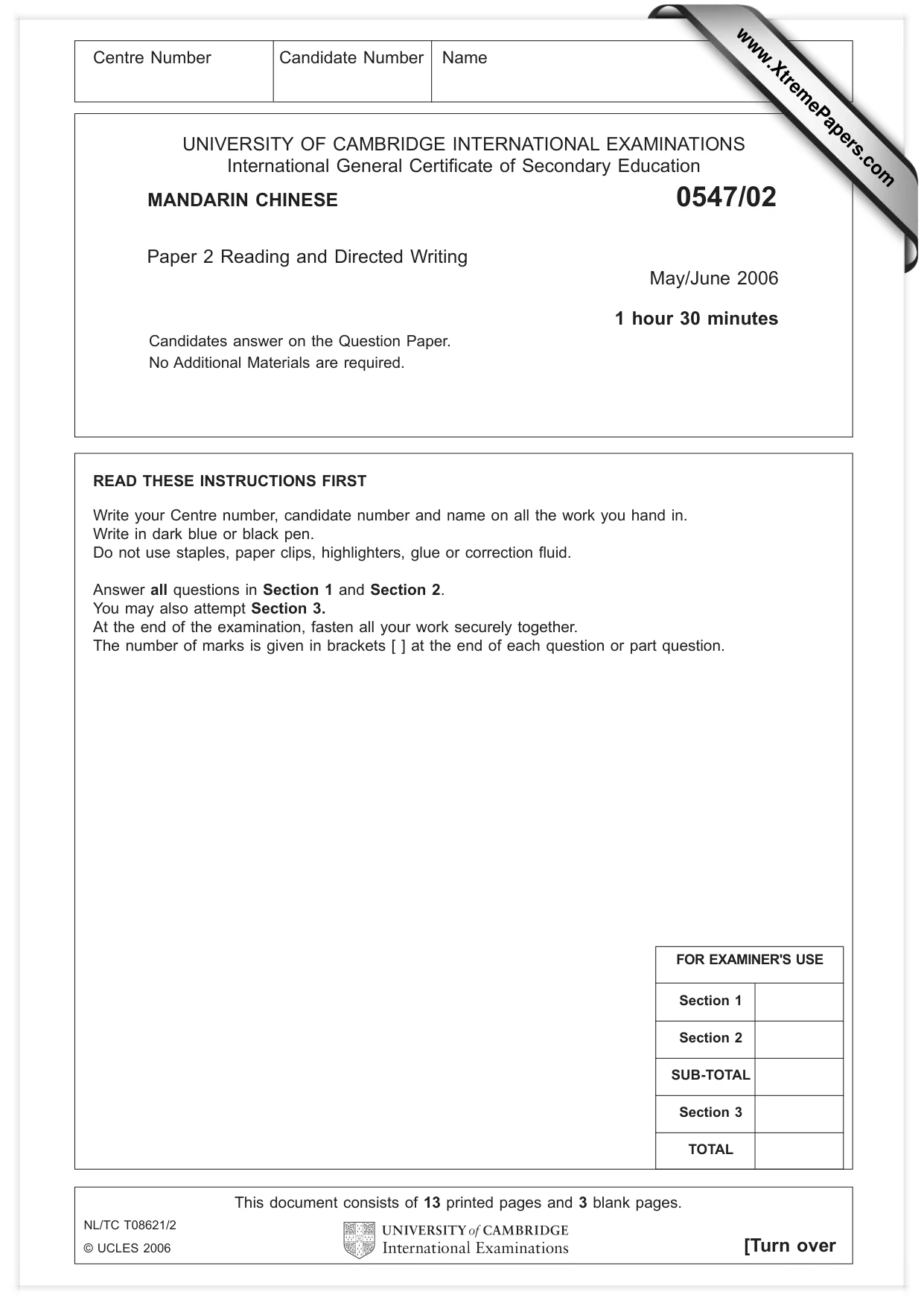 Cambridge IGCSE Chinese (Mandarin) - Foreign Language 0547 2006 May/June Paper 2 · Variant 1 question paper, page 1 of 16