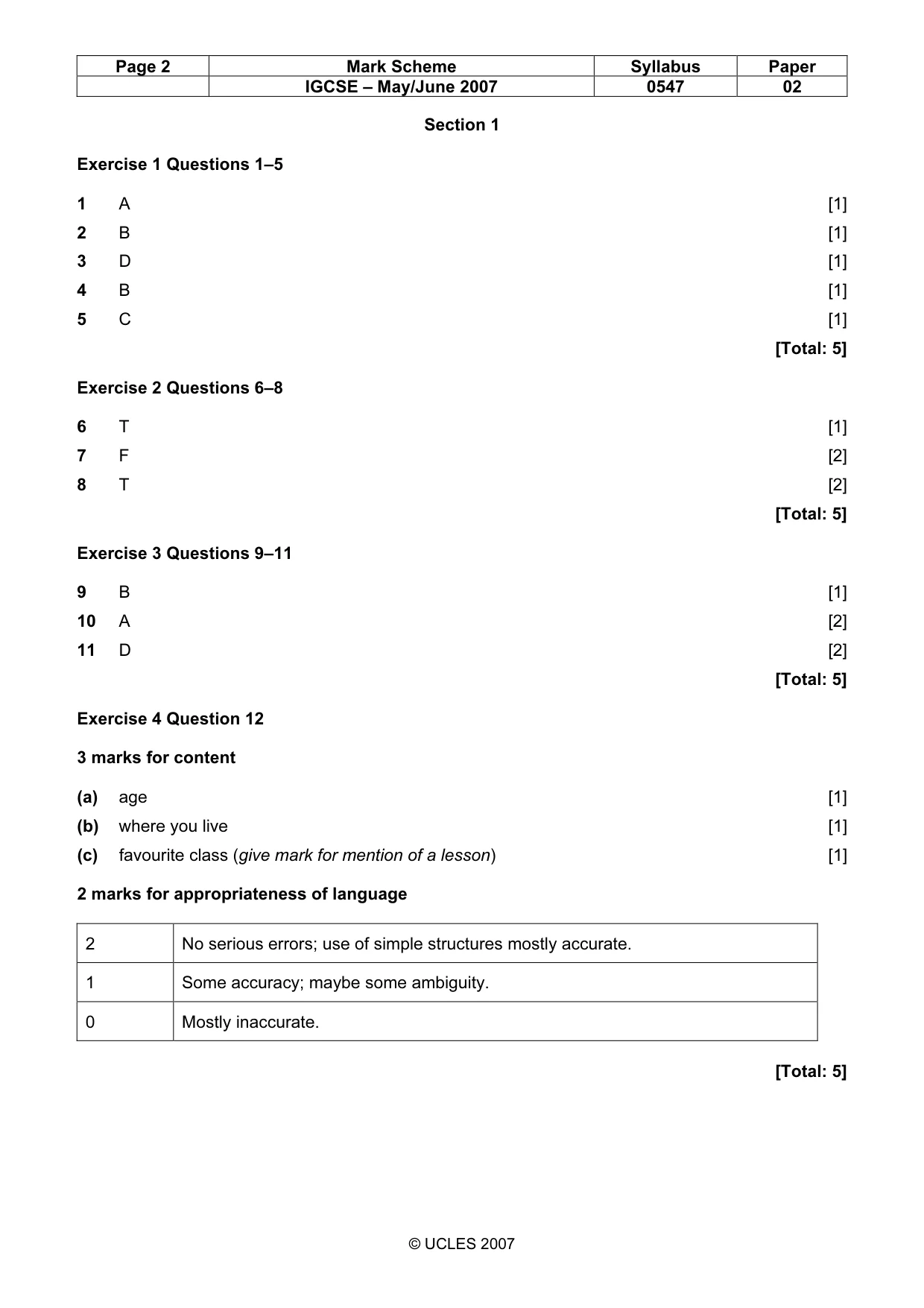 Mark scheme, page 2 of 5