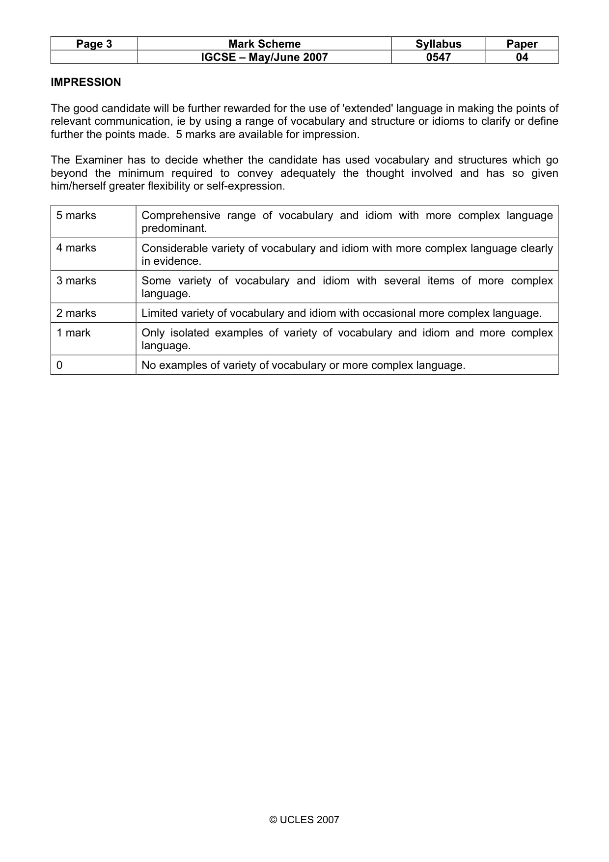 Mark scheme, page 3 of 3