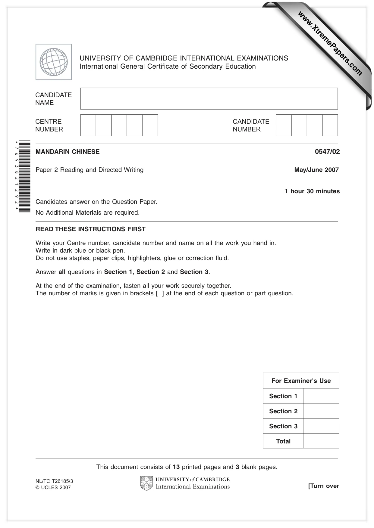 Cambridge IGCSE Chinese (Mandarin) - Foreign Language 0547 2007 May/June Paper 2 · Variant 1 question paper, page 1 of 16