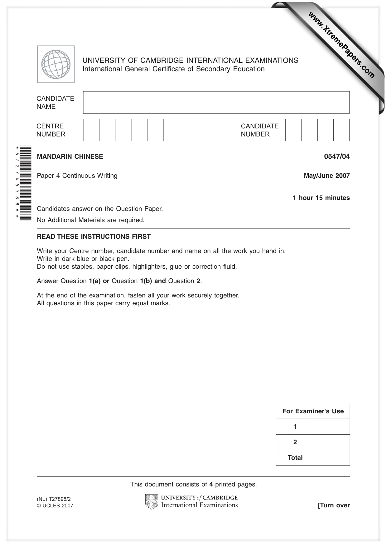 Cambridge IGCSE Chinese (Mandarin) - Foreign Language 0547 2007 May/June Paper 4 · Variant 1 question paper, page 1 of 4