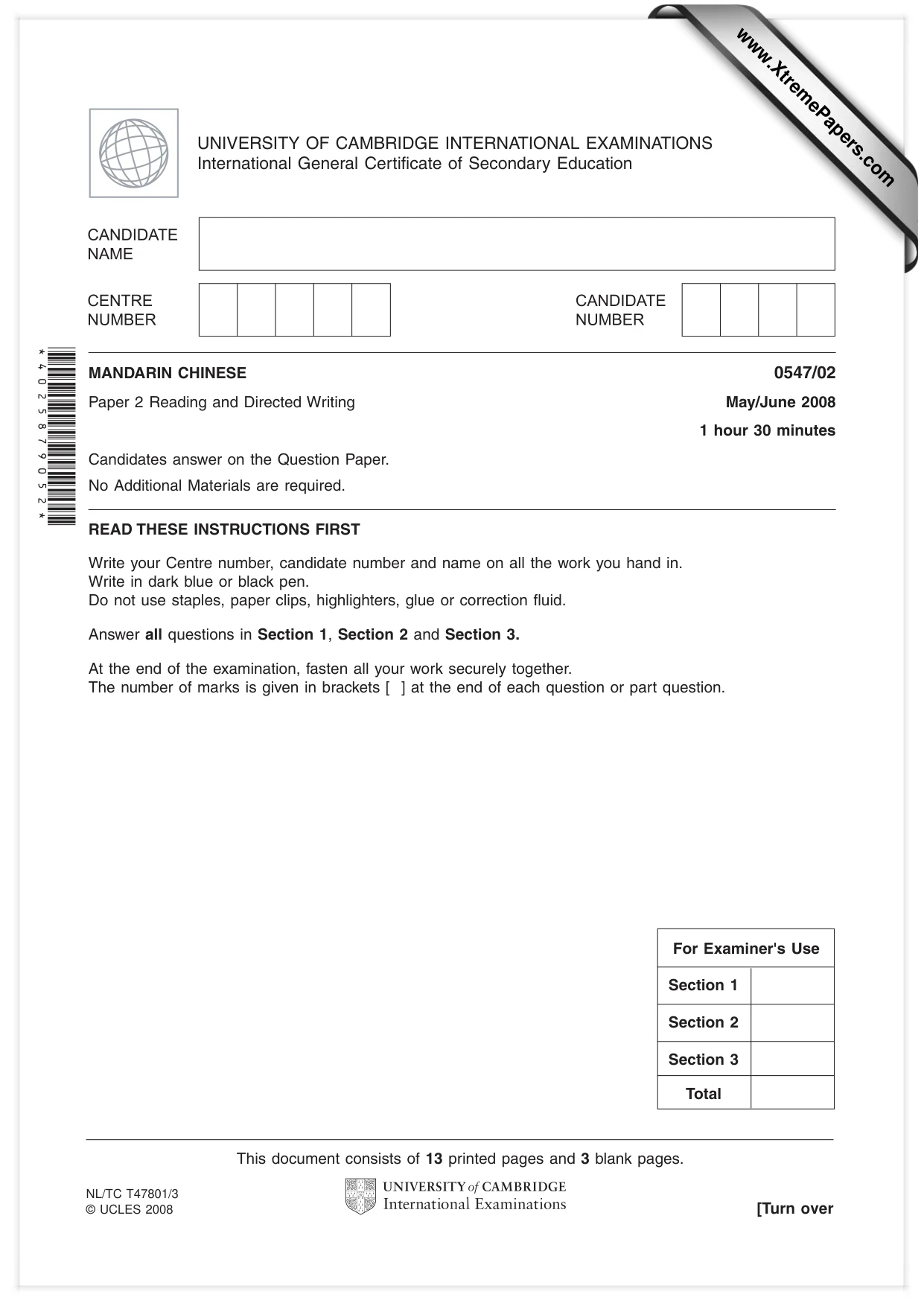 Cambridge IGCSE Chinese (Mandarin) - Foreign Language 0547 2008 May/June Paper 2 · Variant 1 question paper, page 1 of 16
