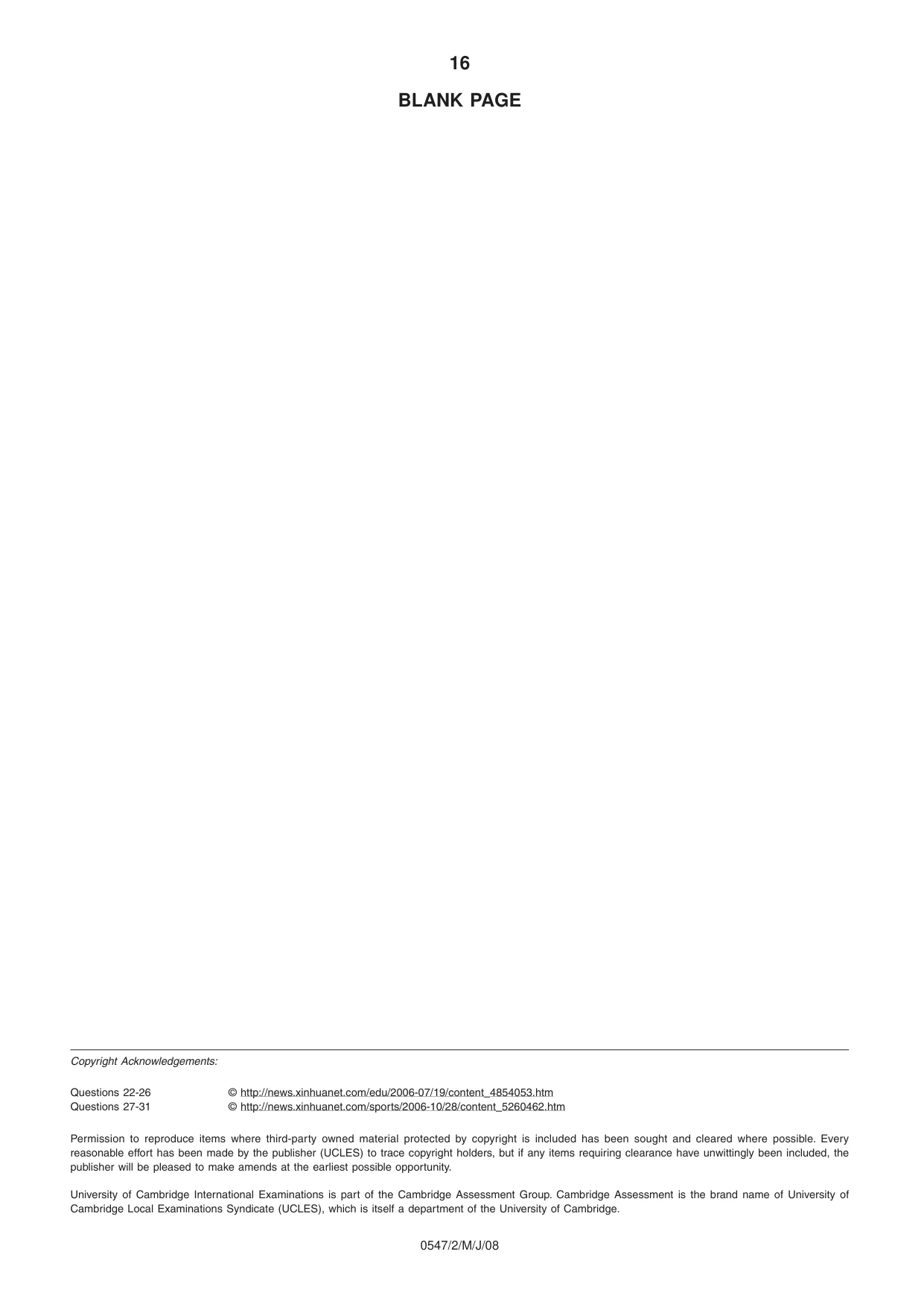 Cambridge IGCSE Chinese (Mandarin) - Foreign Language 0547 2008 May/June Paper 2 · Variant 1 question paper, page 16 of 16