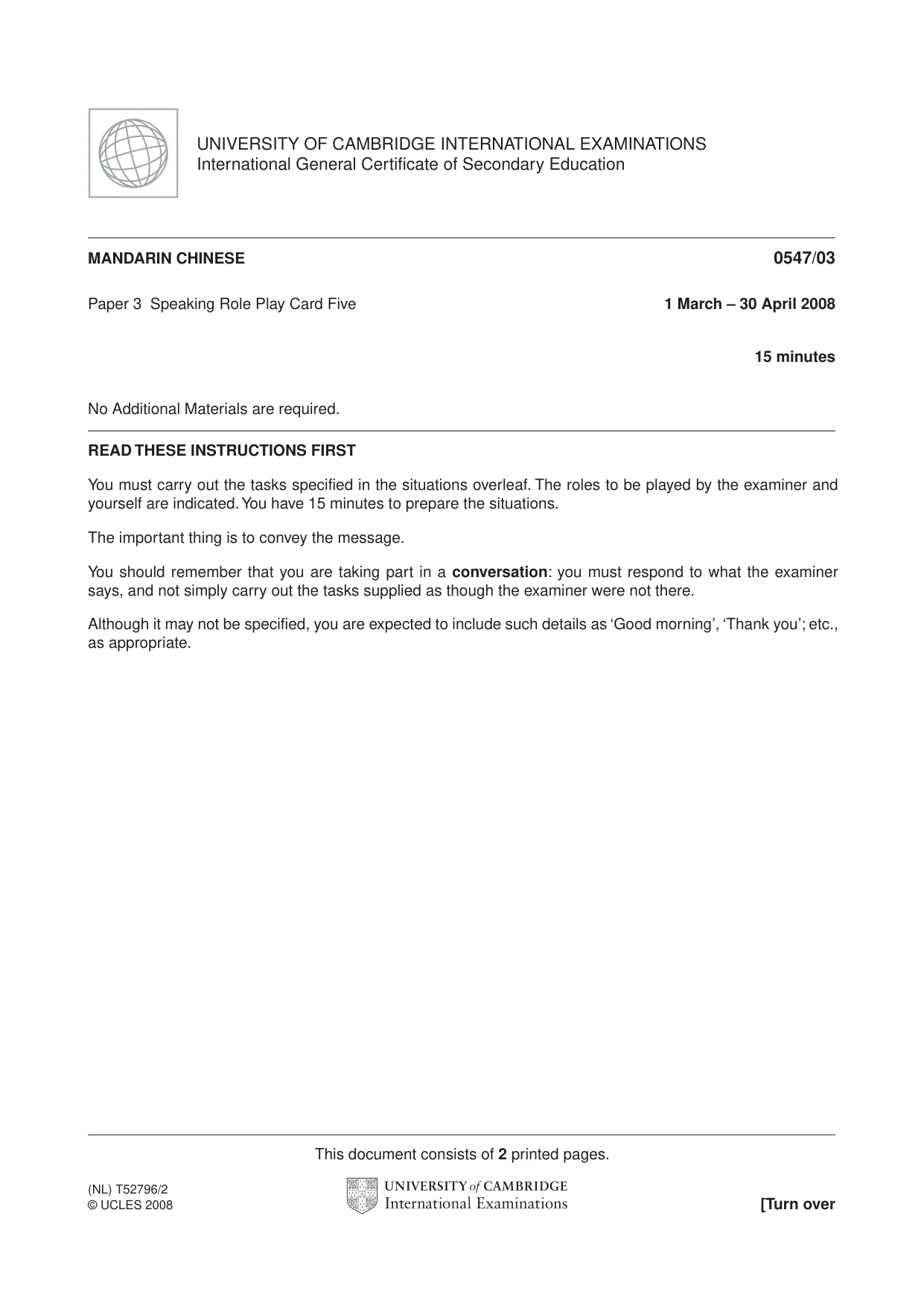 Cambridge IGCSE Chinese (Mandarin) - Foreign Language 0547 2008 May/June Paper 3 · Variant 1 question paper, page 9 of 18