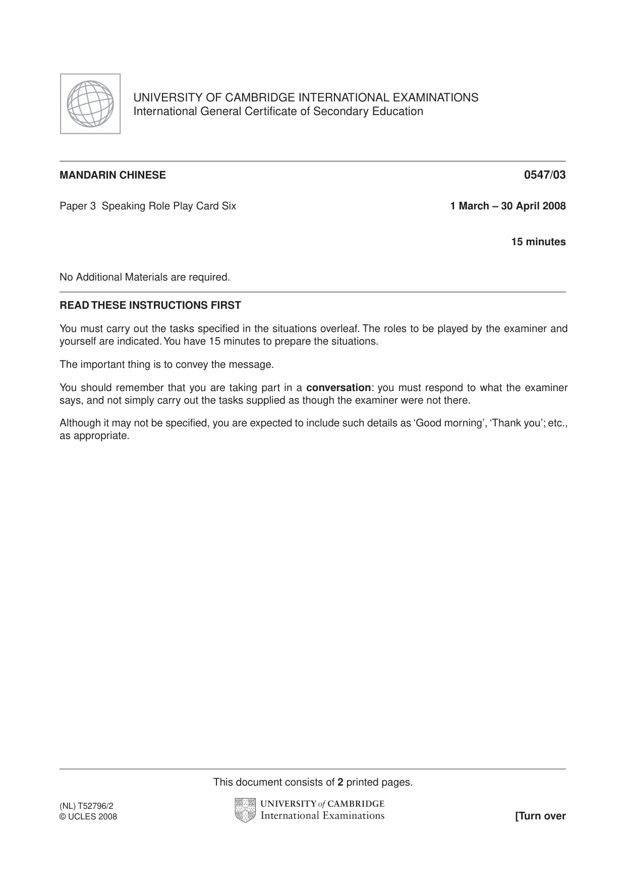 Cambridge IGCSE Chinese (Mandarin) - Foreign Language 0547 2008 May/June Paper 3 · Variant 1 question paper, page 11 of 18