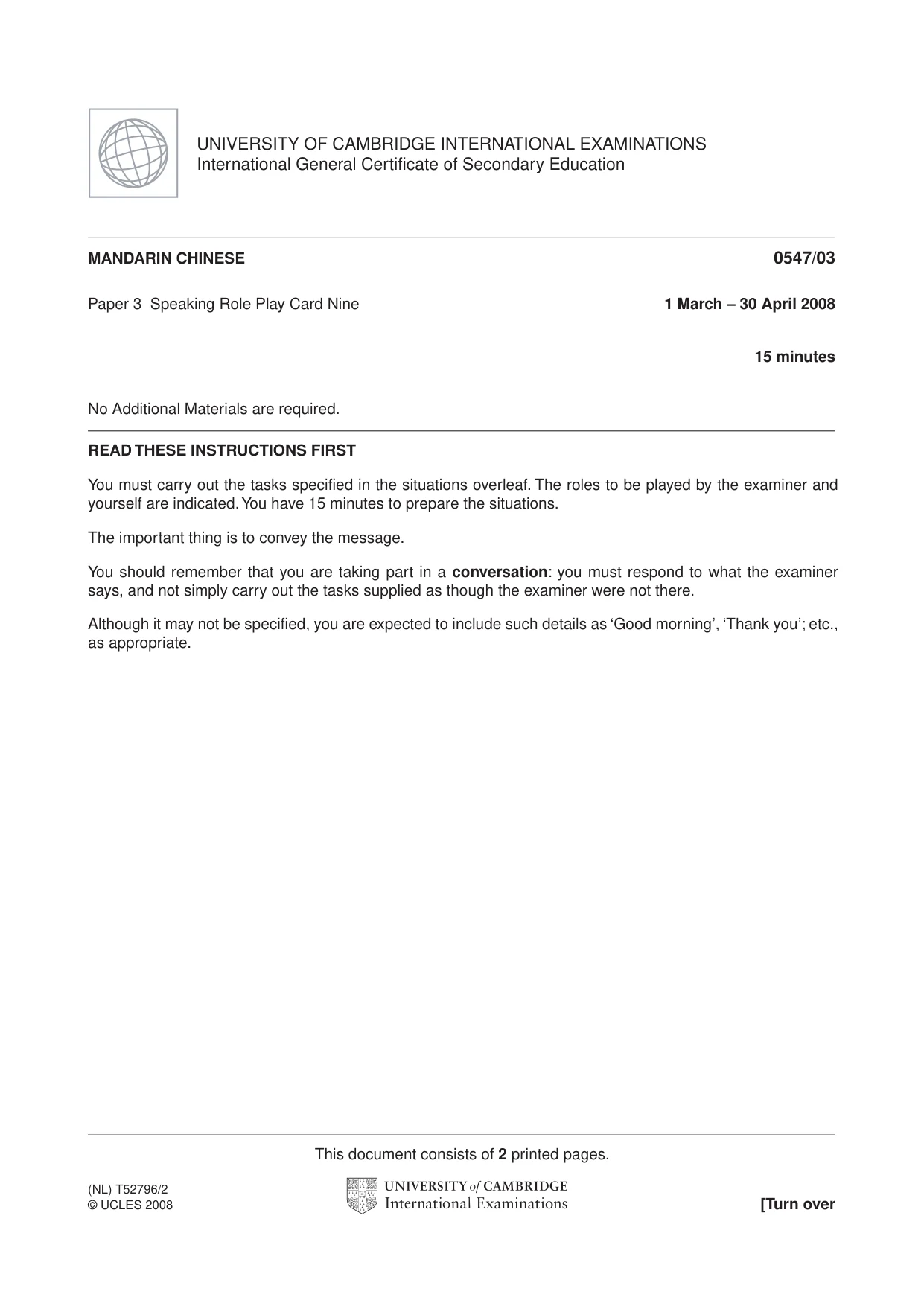 Cambridge IGCSE Chinese (Mandarin) - Foreign Language 0547 2008 May/June Paper 3 · Variant 1 question paper, page 17 of 18