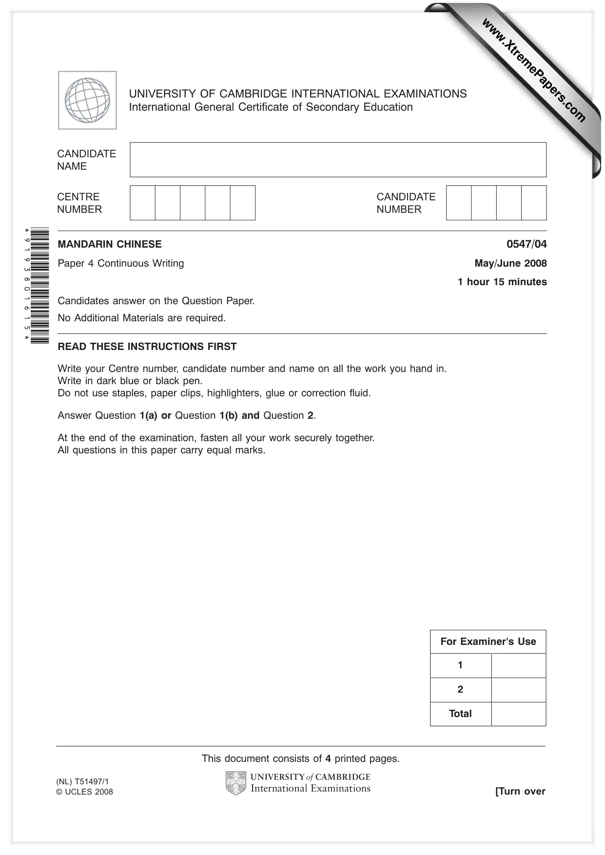 Cambridge IGCSE Chinese (Mandarin) - Foreign Language 0547 2008 May/June Paper 4 · Variant 1 question paper, page 1 of 4