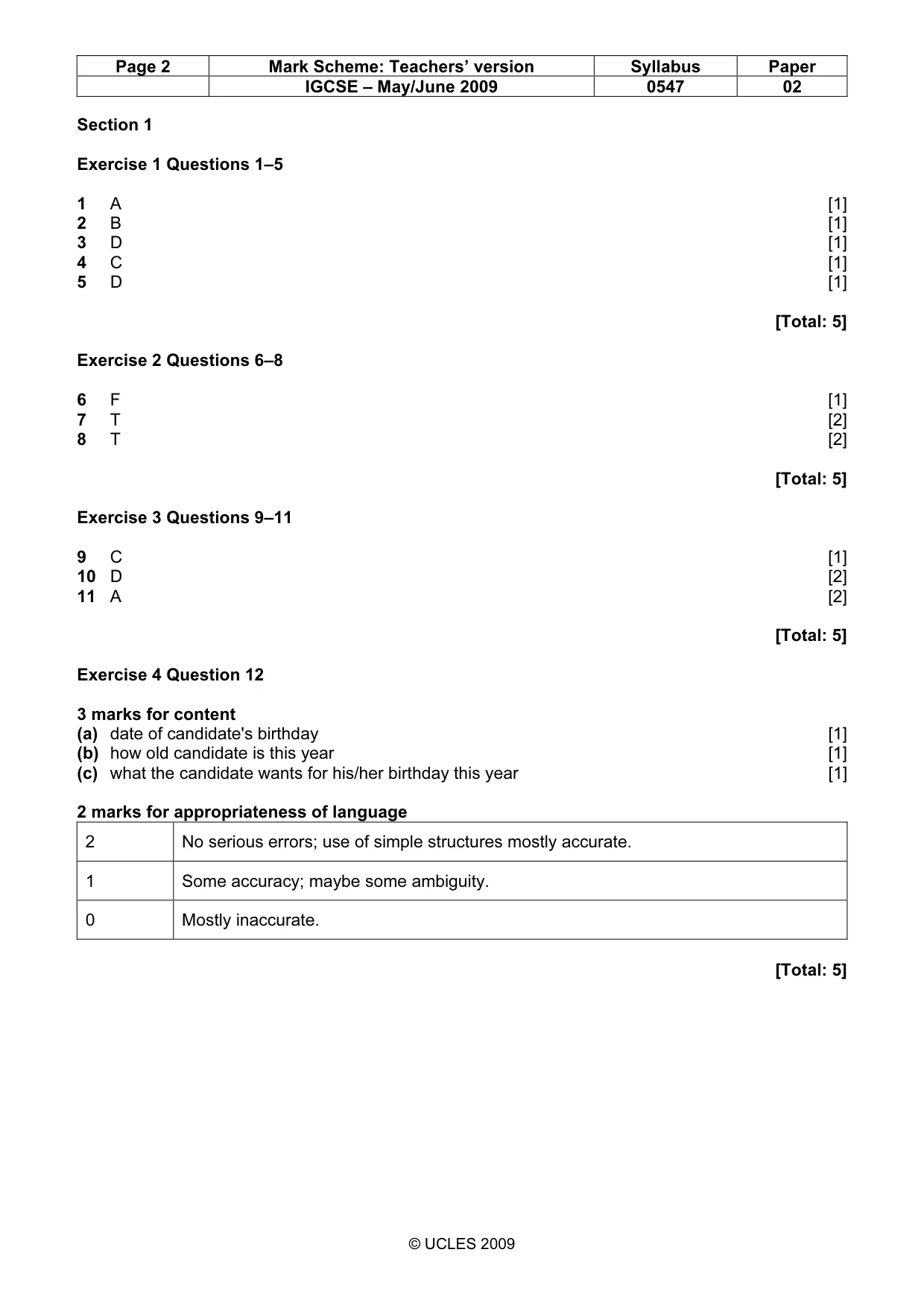 Mark scheme, page 2 of 5