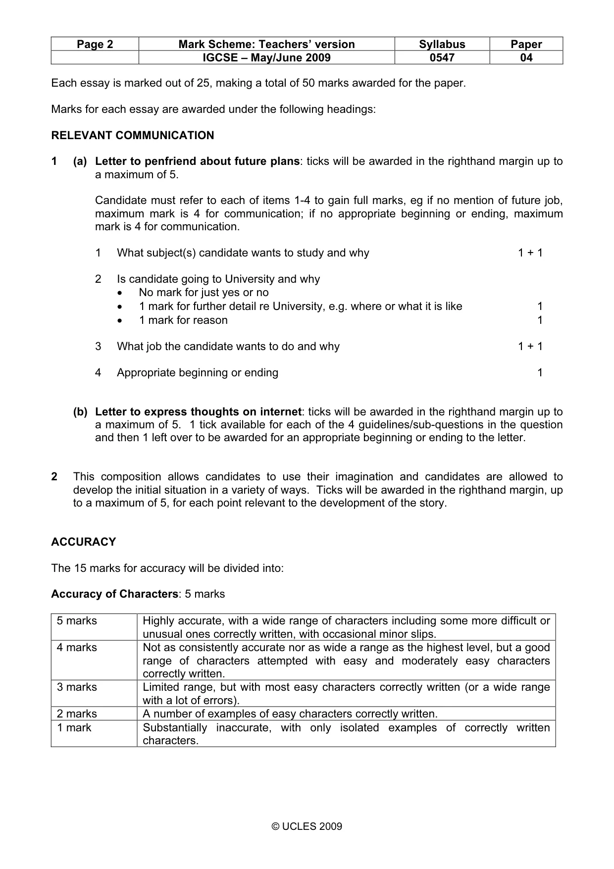 Mark scheme, page 2 of 3