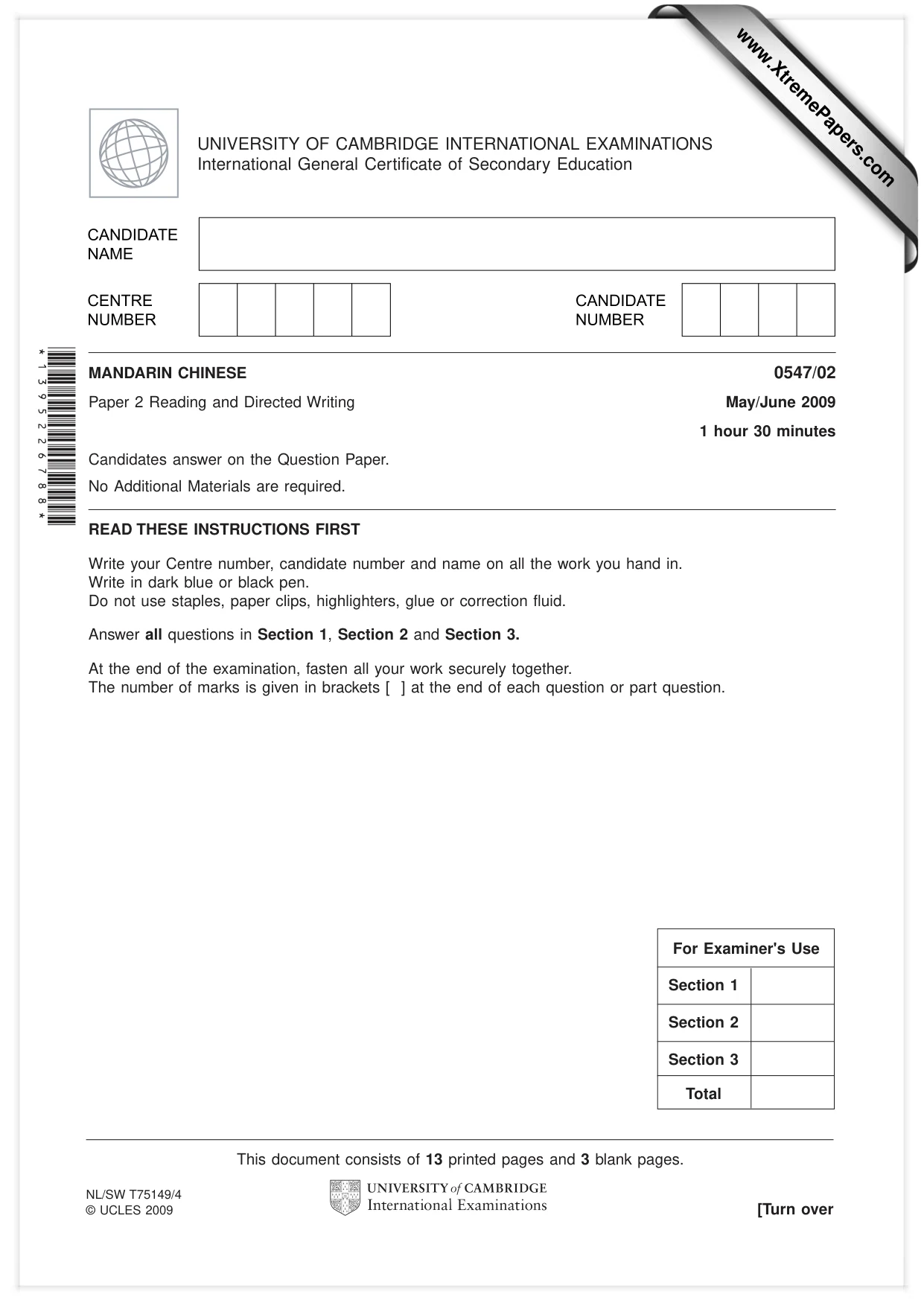 Cambridge IGCSE Chinese (Mandarin) - Foreign Language 0547 2009 May/June Paper 2 · Variant 1 question paper, page 1 of 16