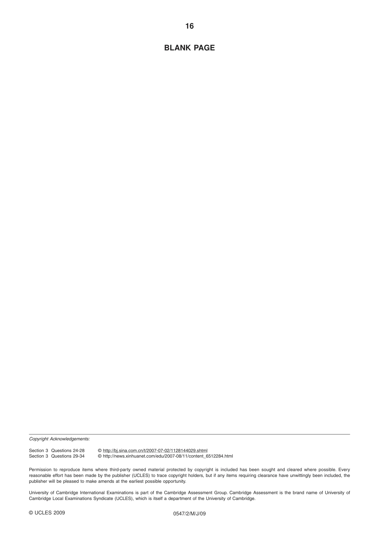 Cambridge IGCSE Chinese (Mandarin) - Foreign Language 0547 2009 May/June Paper 2 · Variant 1 question paper, page 16 of 16