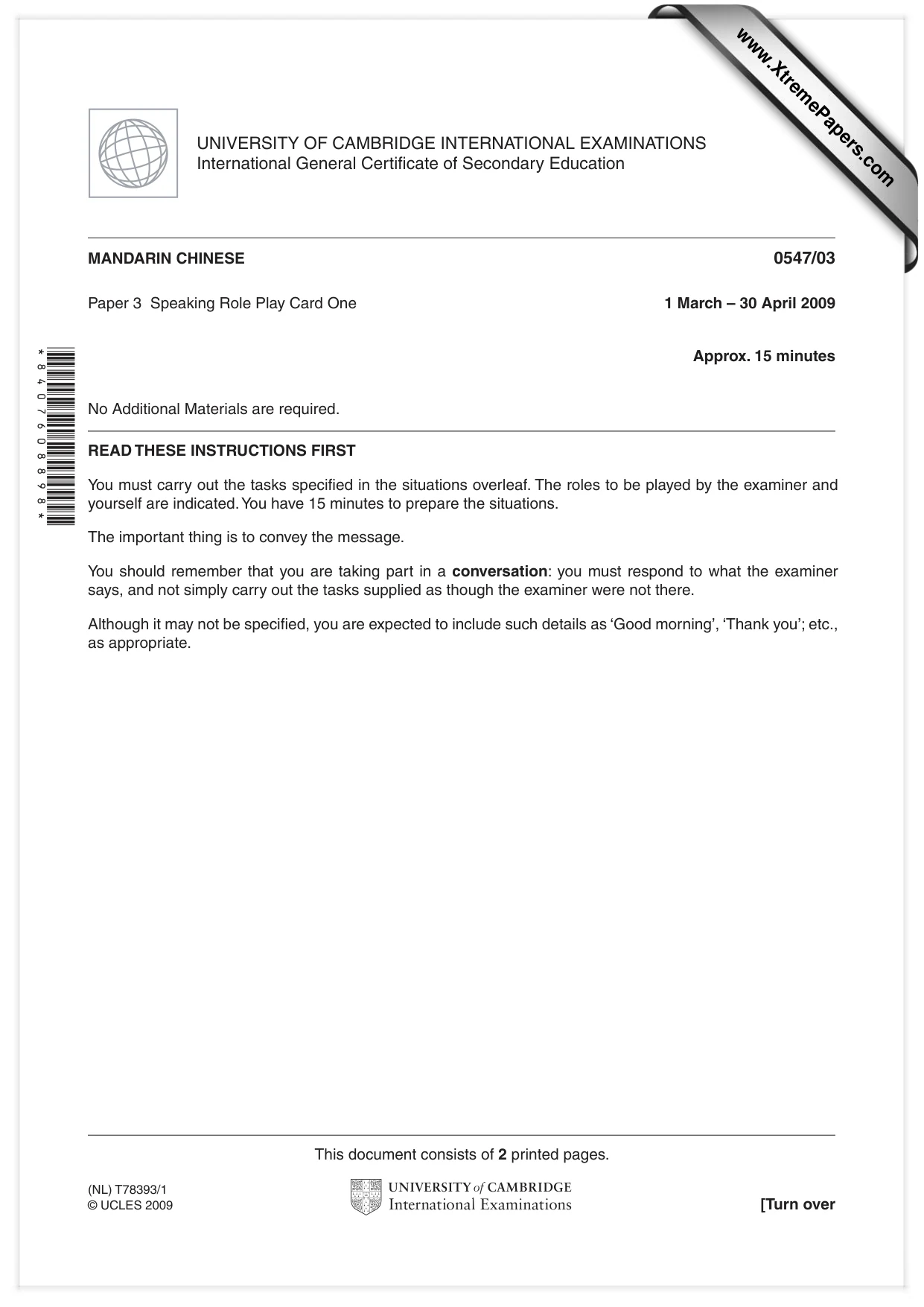 Cambridge IGCSE Chinese (Mandarin) - Foreign Language 0547 2009 May/June Paper 3 · Variant 1 question paper, page 1 of 18