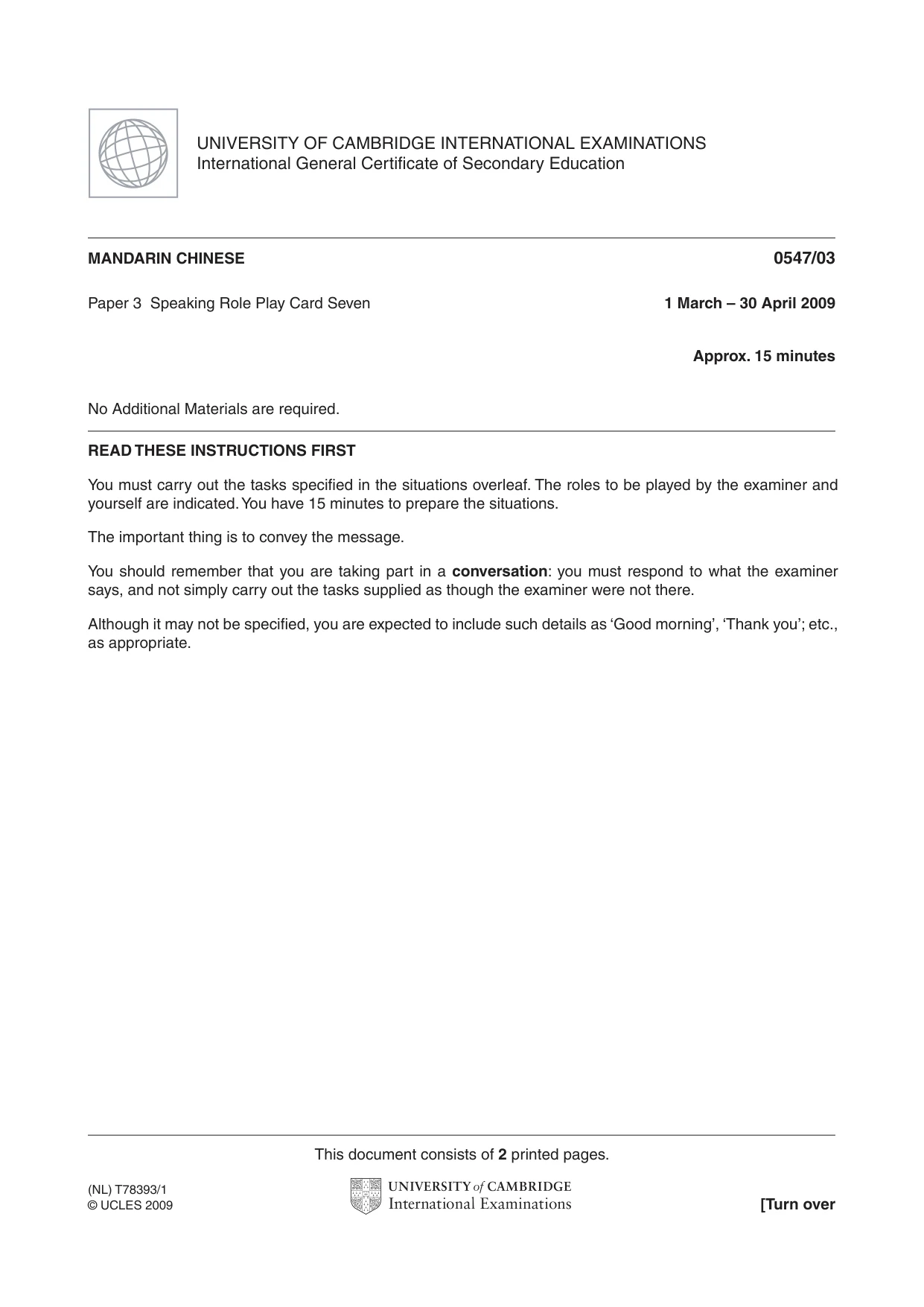 Cambridge IGCSE Chinese (Mandarin) - Foreign Language 0547 2009 May/June Paper 3 · Variant 1 question paper, page 13 of 18