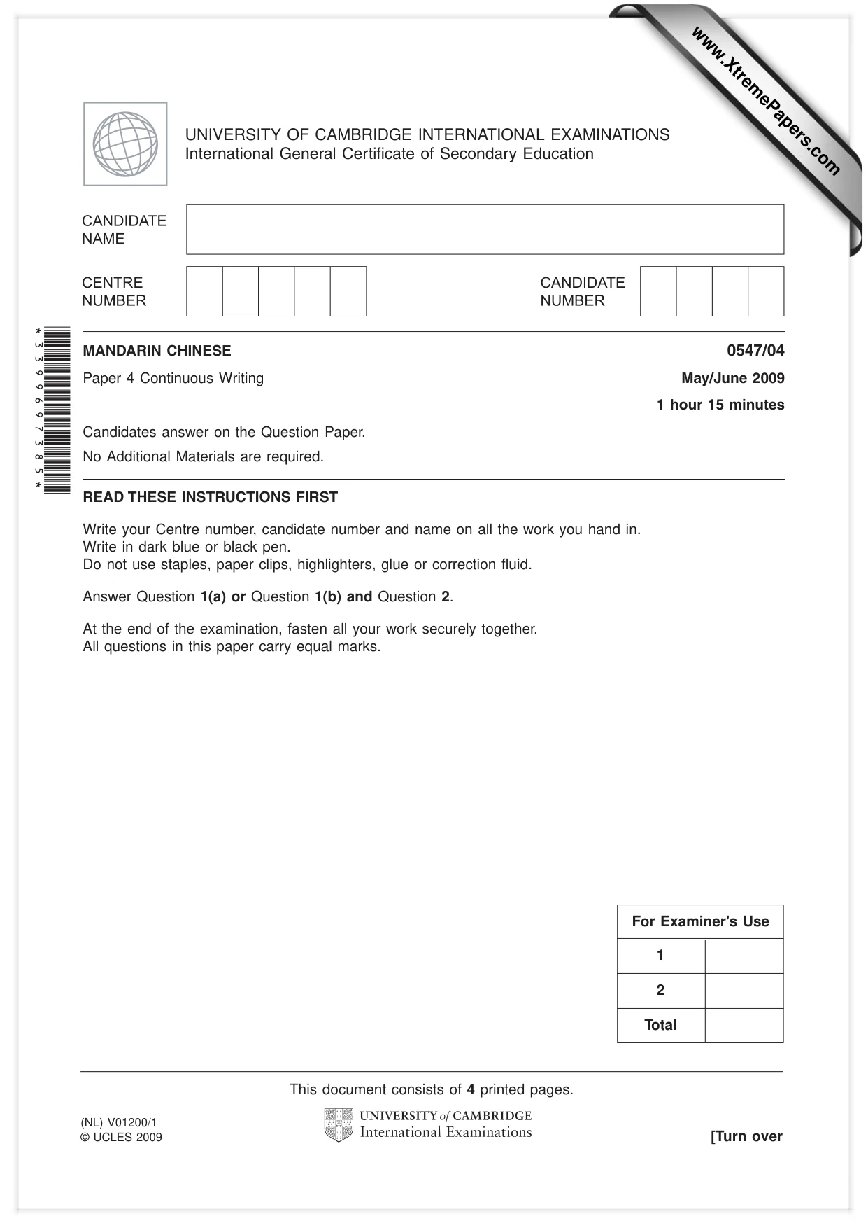 Cambridge IGCSE Chinese (Mandarin) - Foreign Language 0547 2009 May/June Paper 4 · Variant 1 question paper, page 1 of 4