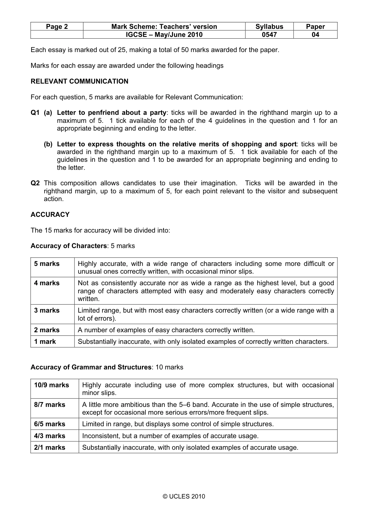Mark scheme, page 2 of 3