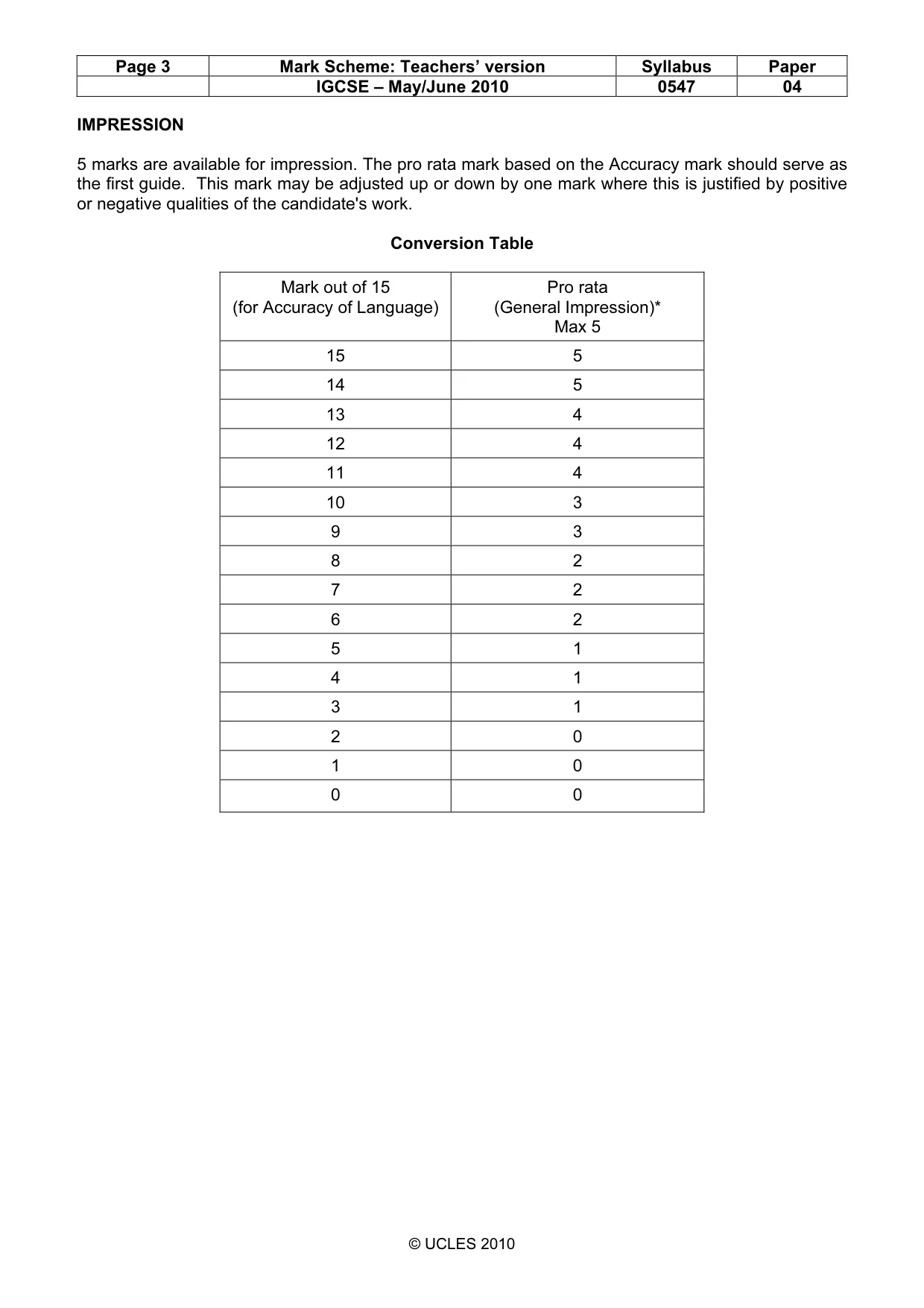 Mark scheme, page 3 of 3
