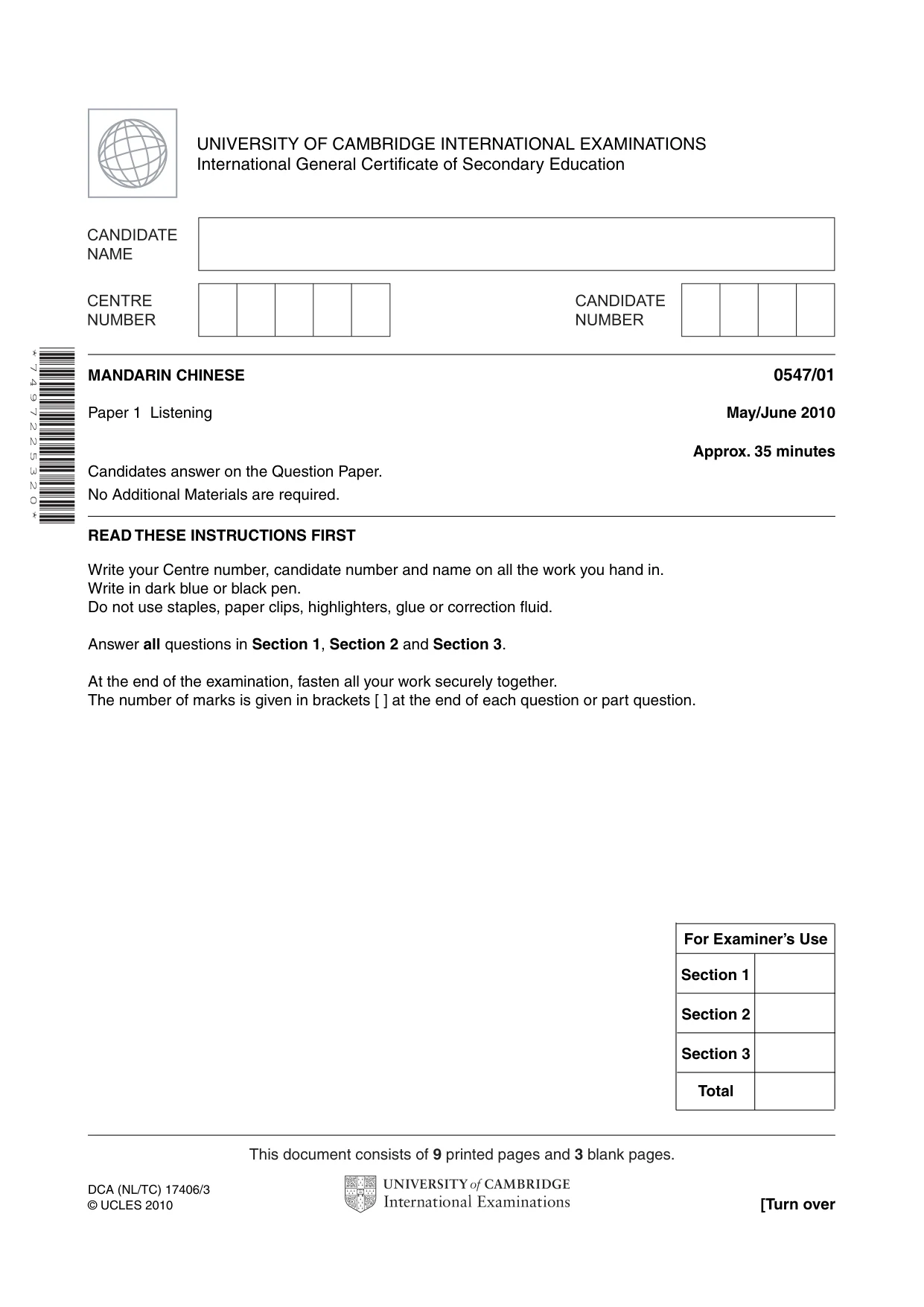 Cambridge IGCSE Chinese (Mandarin) - Foreign Language 0547 2010 May/June Paper 1 · Variant 1 question paper, page 1 of 12