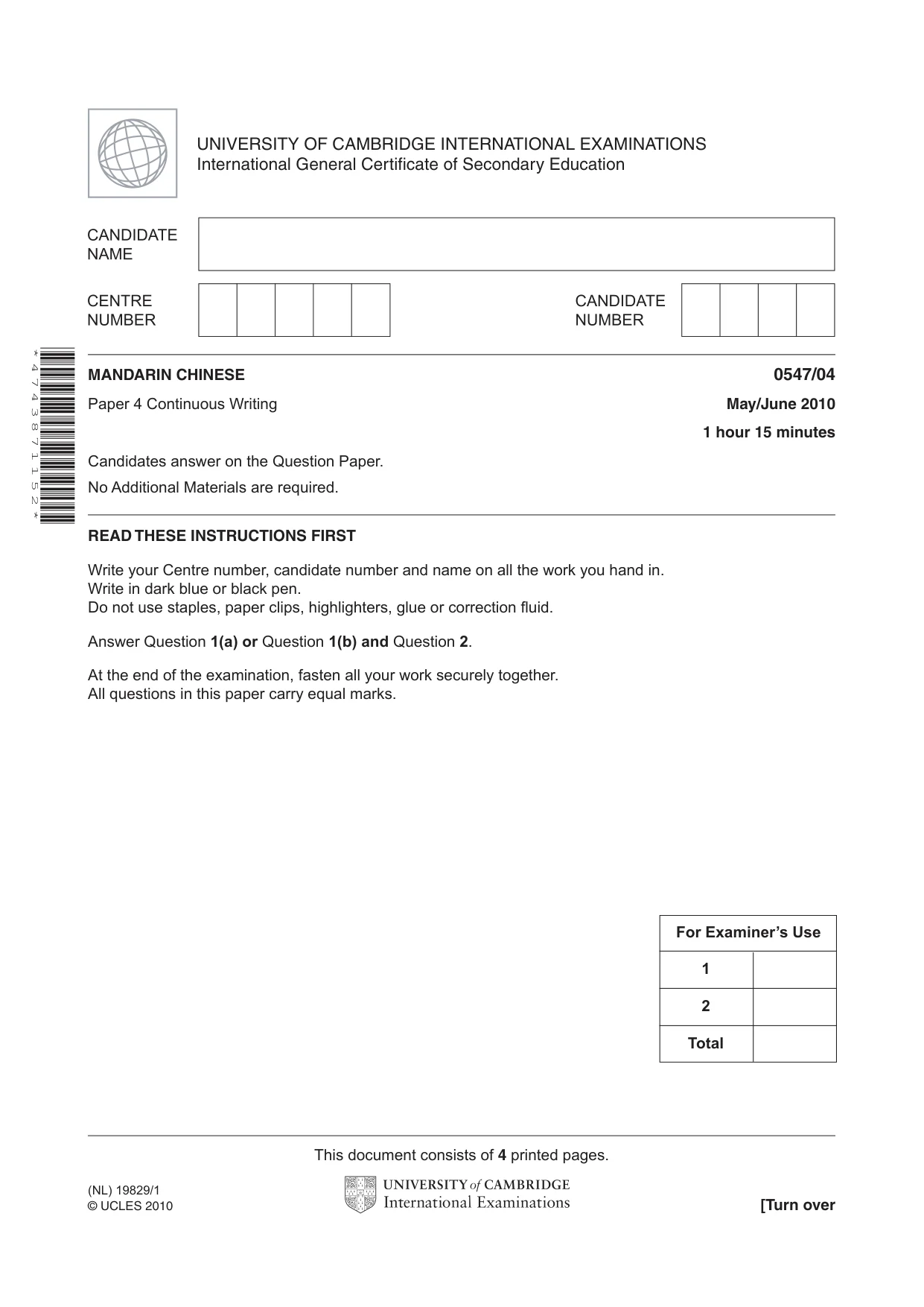 Cambridge IGCSE Chinese (Mandarin) - Foreign Language 0547 2010 May/June Paper 4 · Variant 1 question paper, page 1 of 4