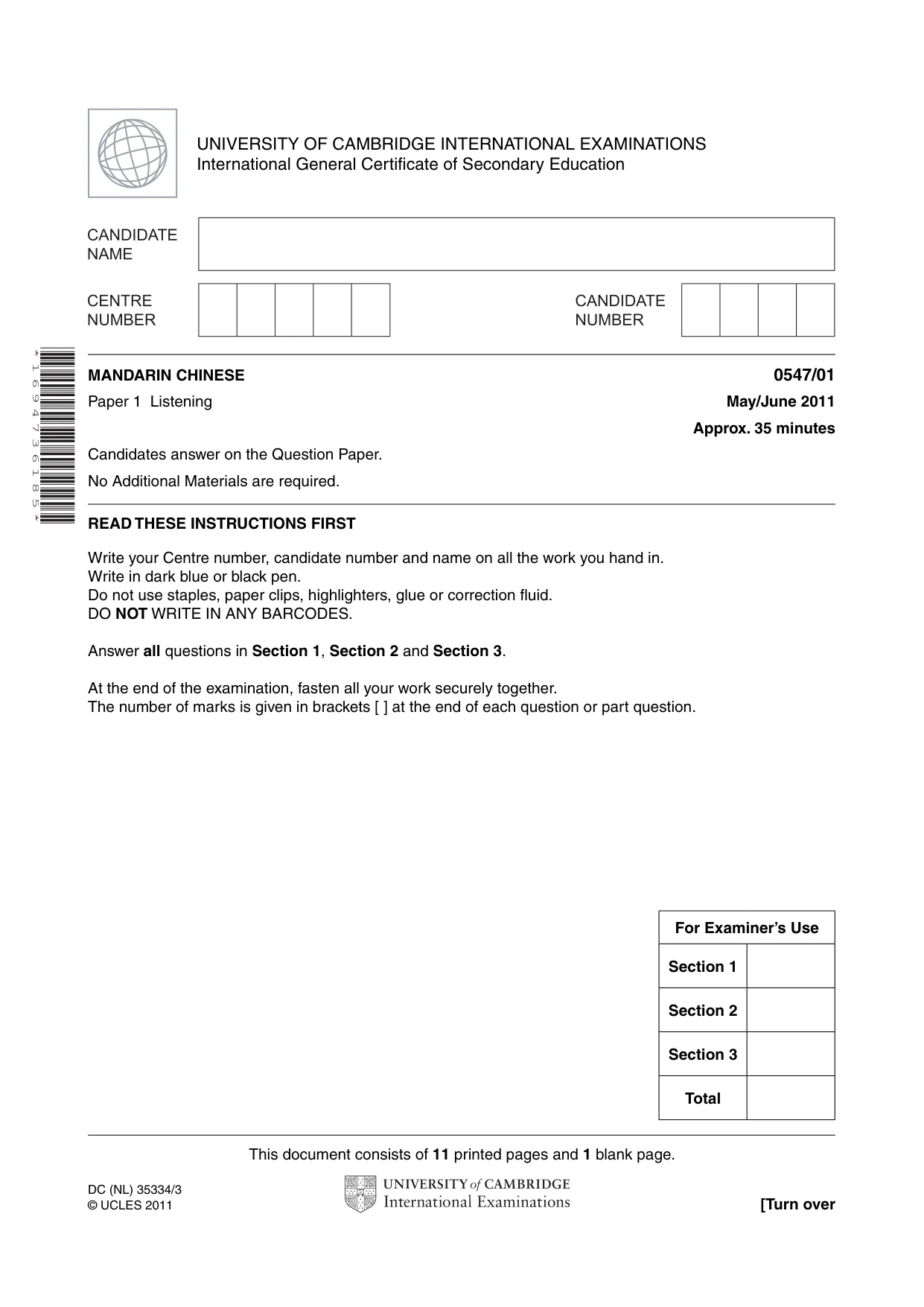 Cambridge IGCSE Chinese (Mandarin) - Foreign Language 0547 2011 May/June Paper 1 · Variant 1 question paper, page 1 of 12