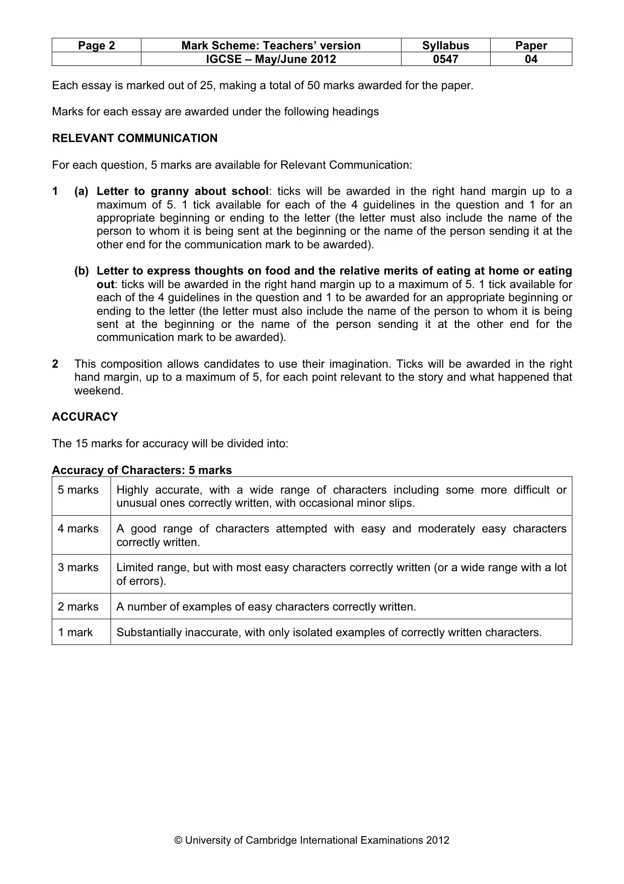 Mark scheme, page 2 of 3