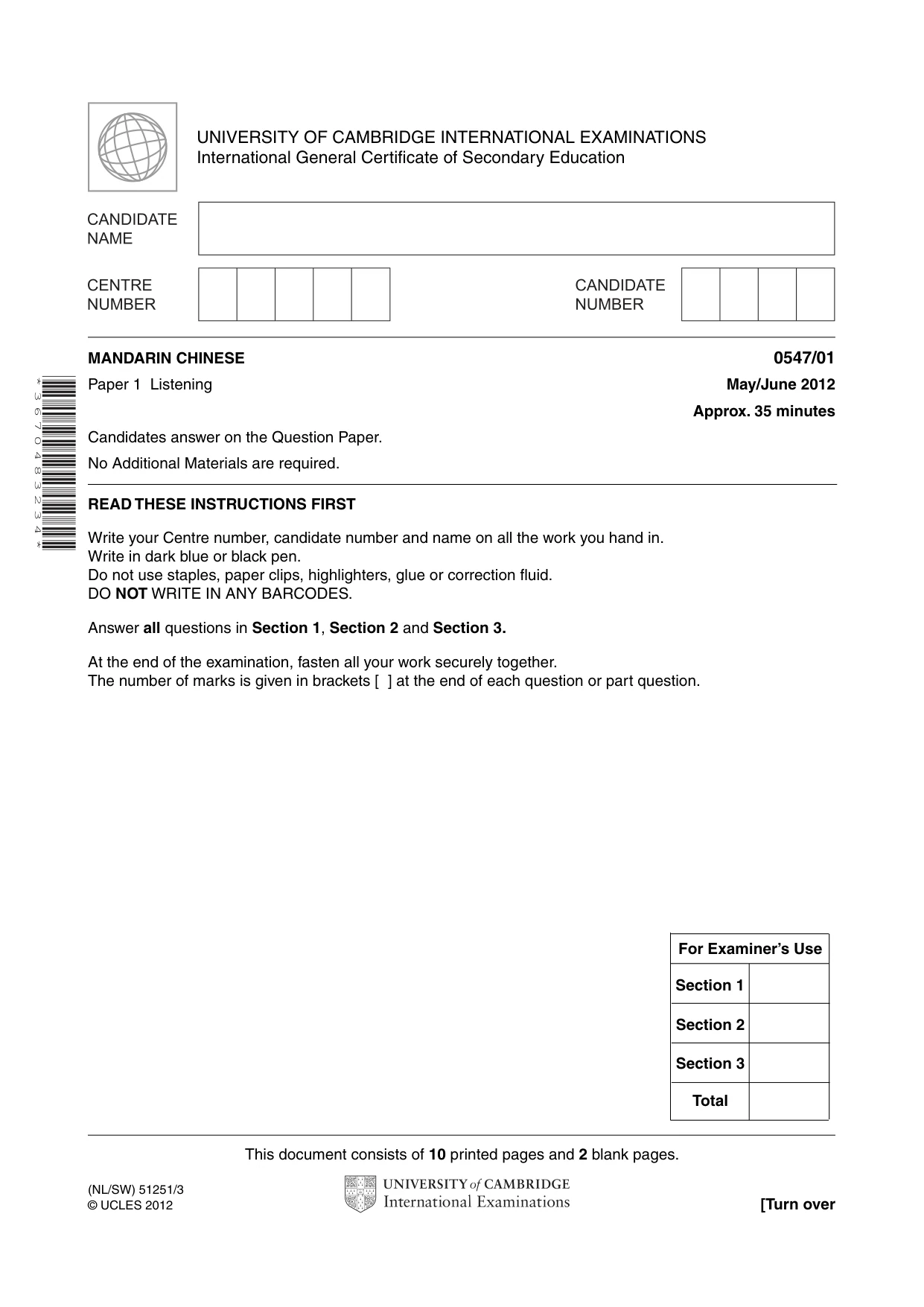 Cambridge IGCSE Chinese (Mandarin) - Foreign Language 0547 2012 May/June Paper 1 · Variant 1 question paper, page 1 of 12