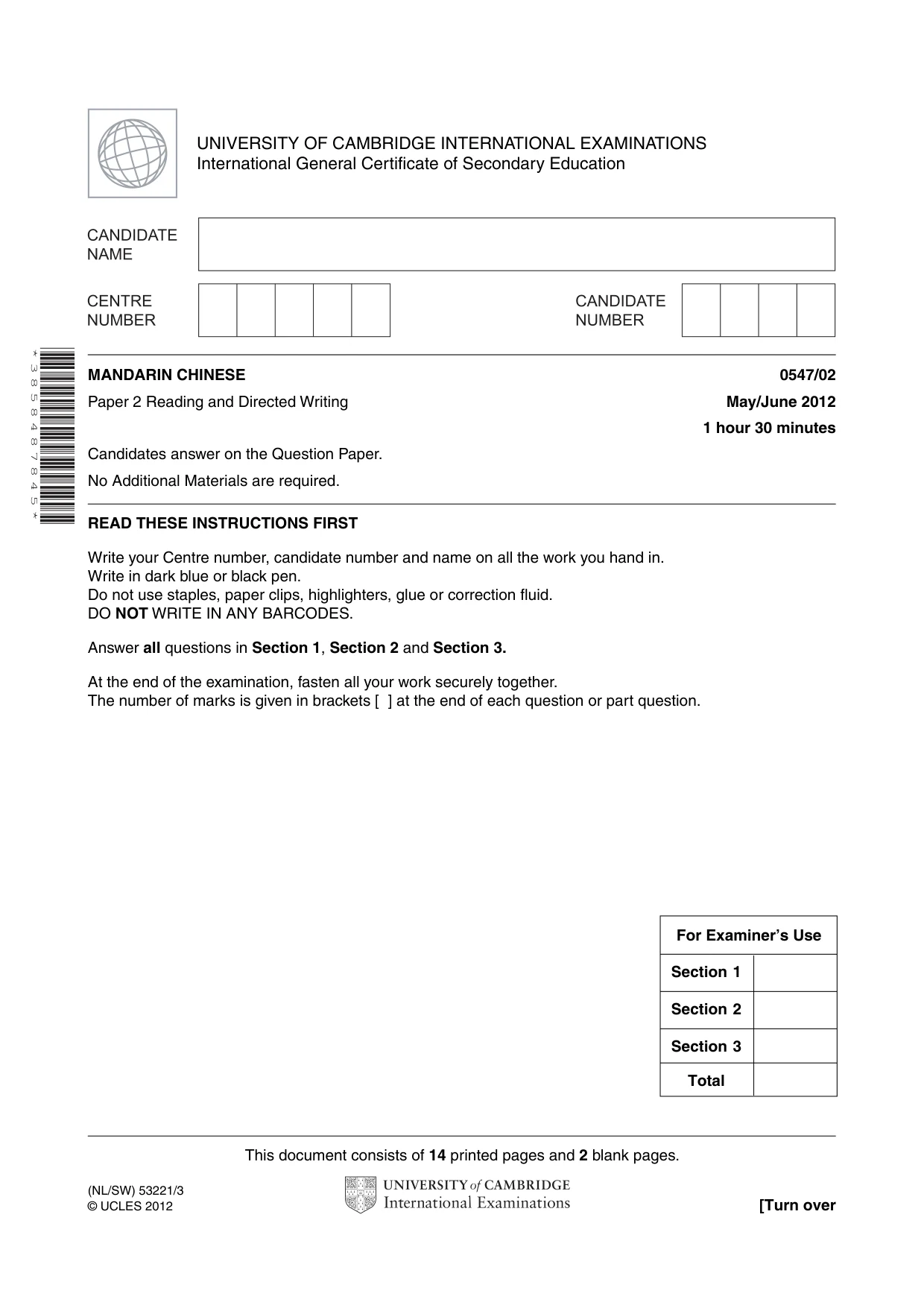 Cambridge IGCSE Chinese (Mandarin) - Foreign Language 0547 2012 May/June Paper 2 · Variant 1 question paper, page 1 of 16