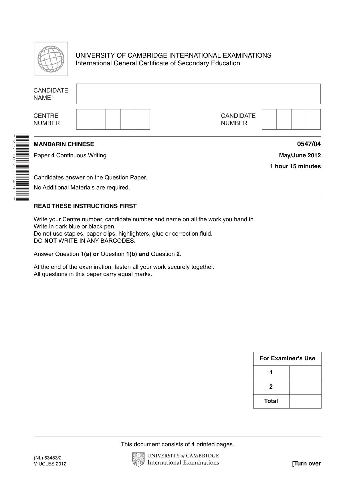 Cambridge IGCSE Chinese (Mandarin) - Foreign Language 0547 2012 May/June Paper 4 · Variant 1 question paper, page 1 of 4