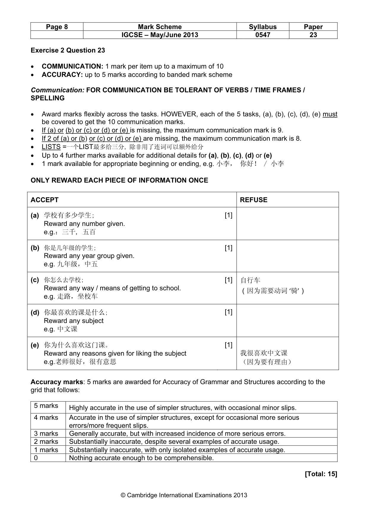 Mark scheme, page 8 of 9