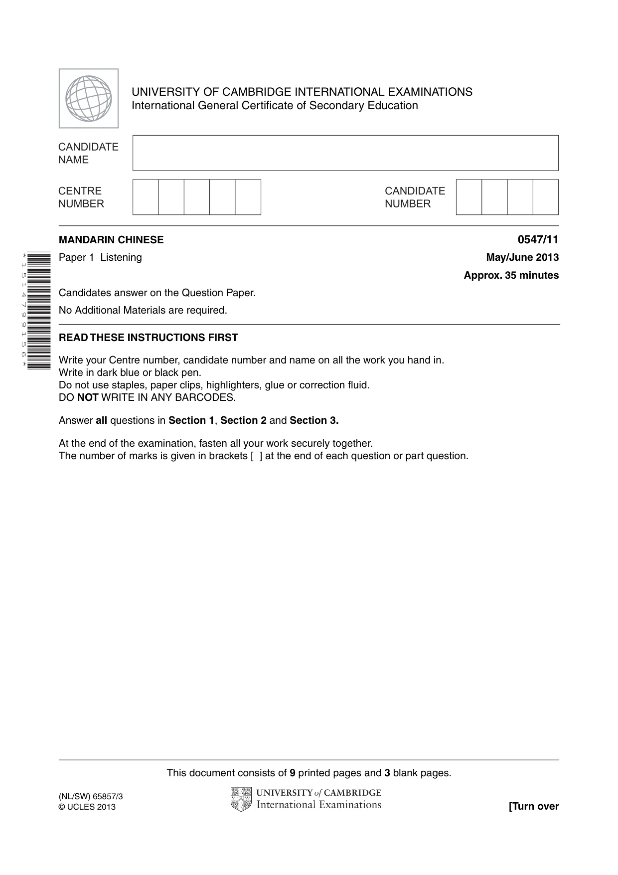 Cambridge IGCSE Chinese (Mandarin) - Foreign Language 0547 2013 May/June Paper 1 · Variant 1 question paper, page 1 of 12