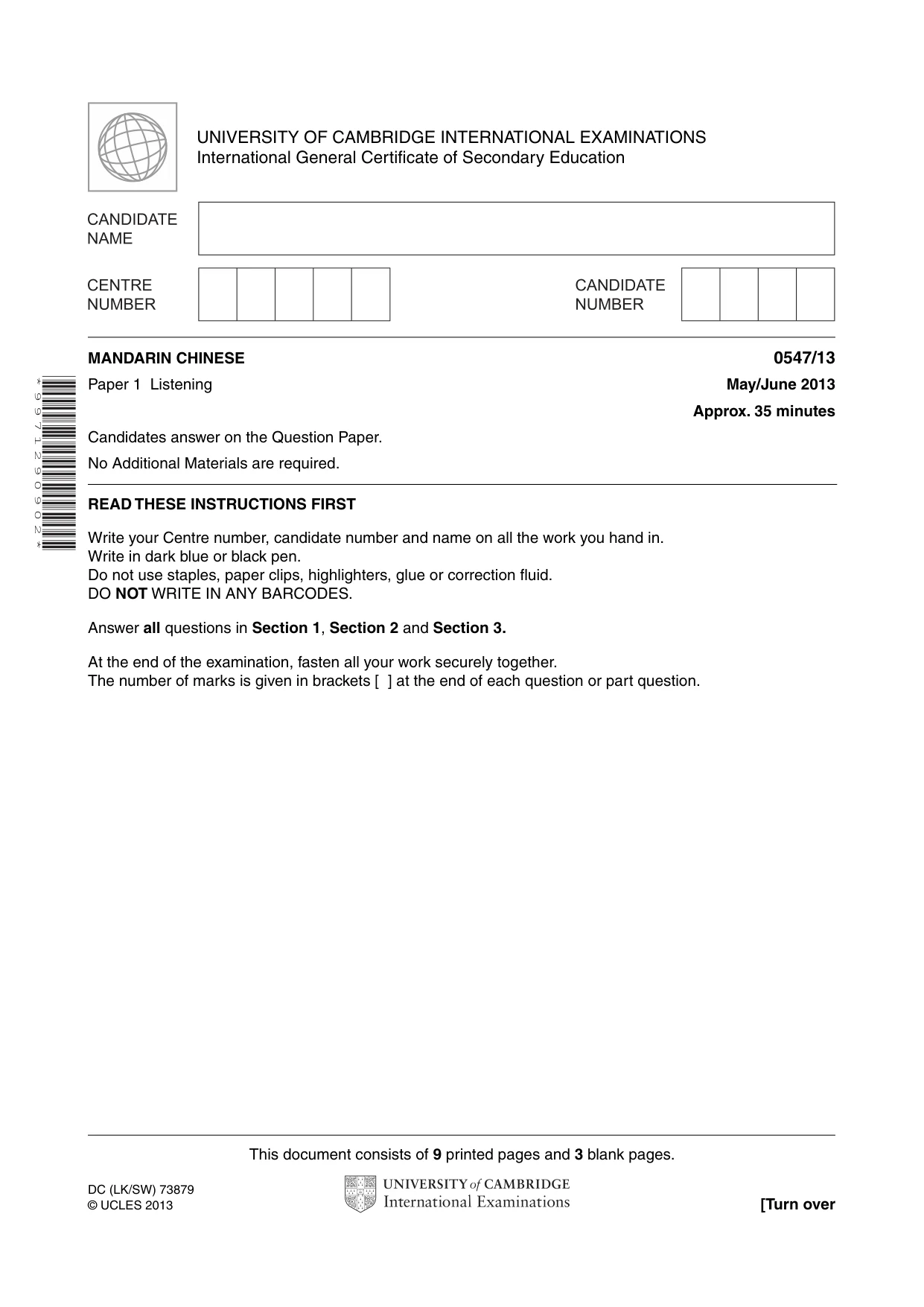 Cambridge IGCSE Chinese (Mandarin) - Foreign Language 0547 2013 May/June Paper 1 · Variant 3 question paper, page 1 of 12