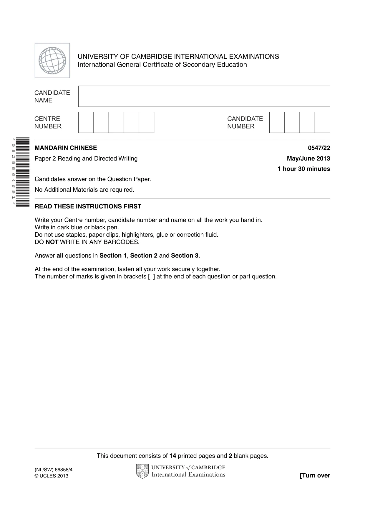 Cambridge IGCSE Chinese (Mandarin) - Foreign Language 0547 2013 May/June Paper 2 · Variant 2 question paper, page 1 of 16