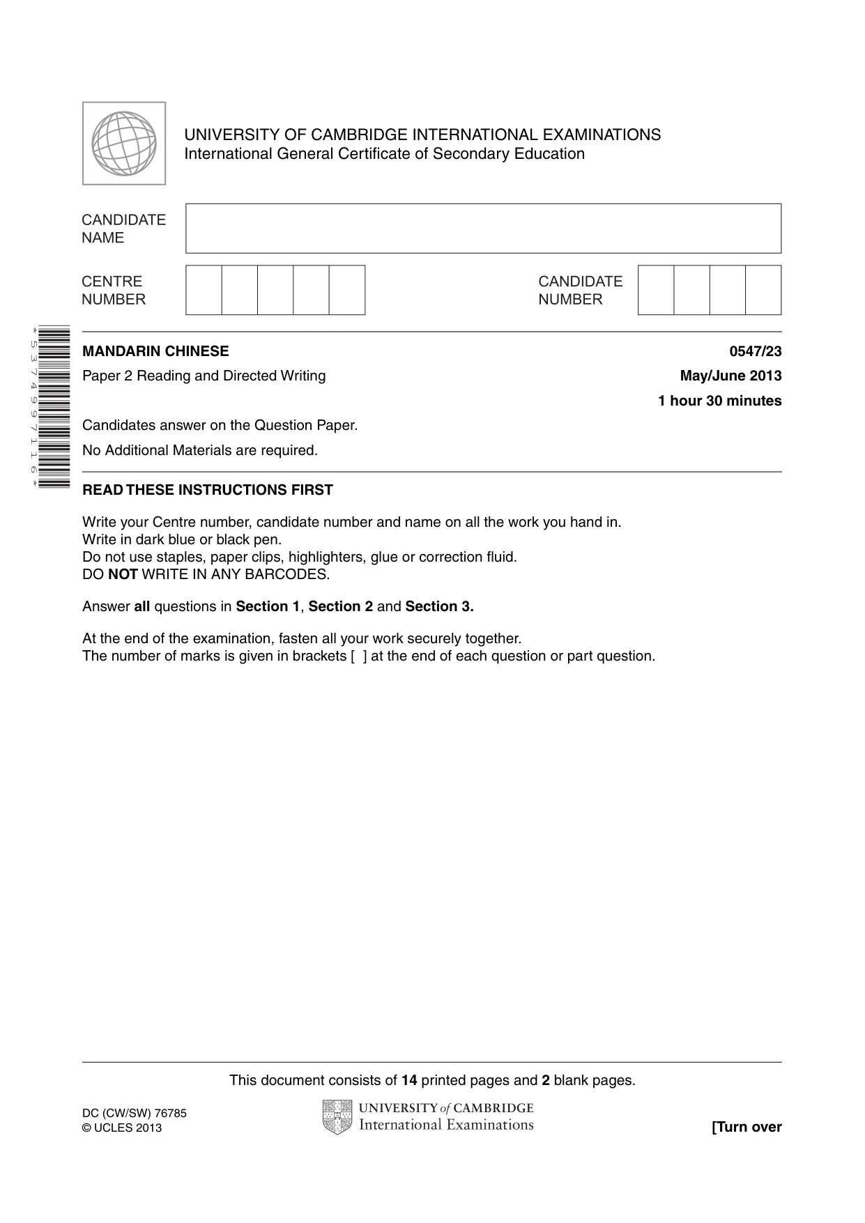 Cambridge IGCSE Chinese (Mandarin) - Foreign Language 0547 2013 May/June Paper 2 · Variant 3 question paper, page 1 of 16