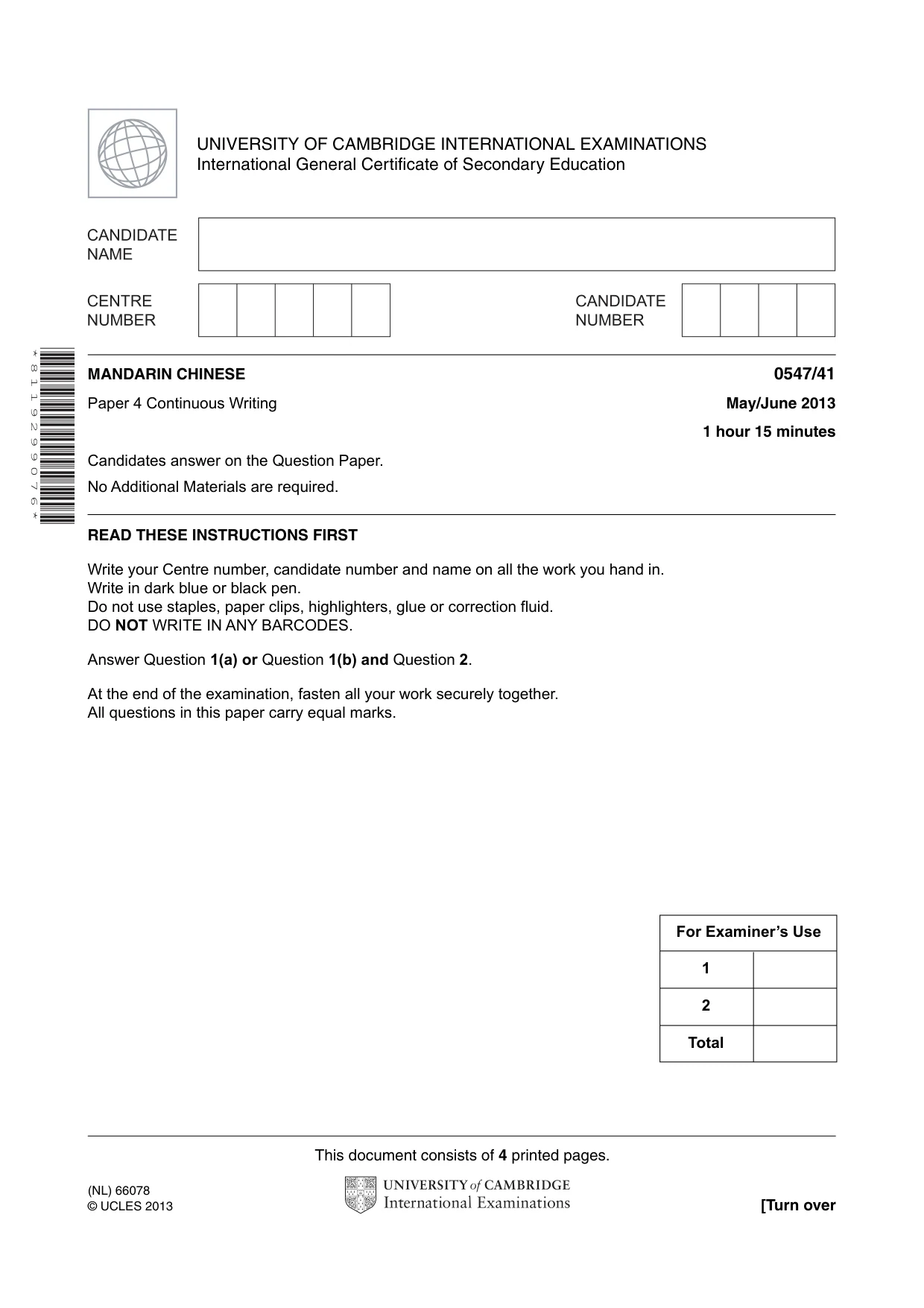 Cambridge IGCSE Chinese (Mandarin) - Foreign Language 0547 2013 May/June Paper 4 · Variant 1 question paper, page 1 of 4