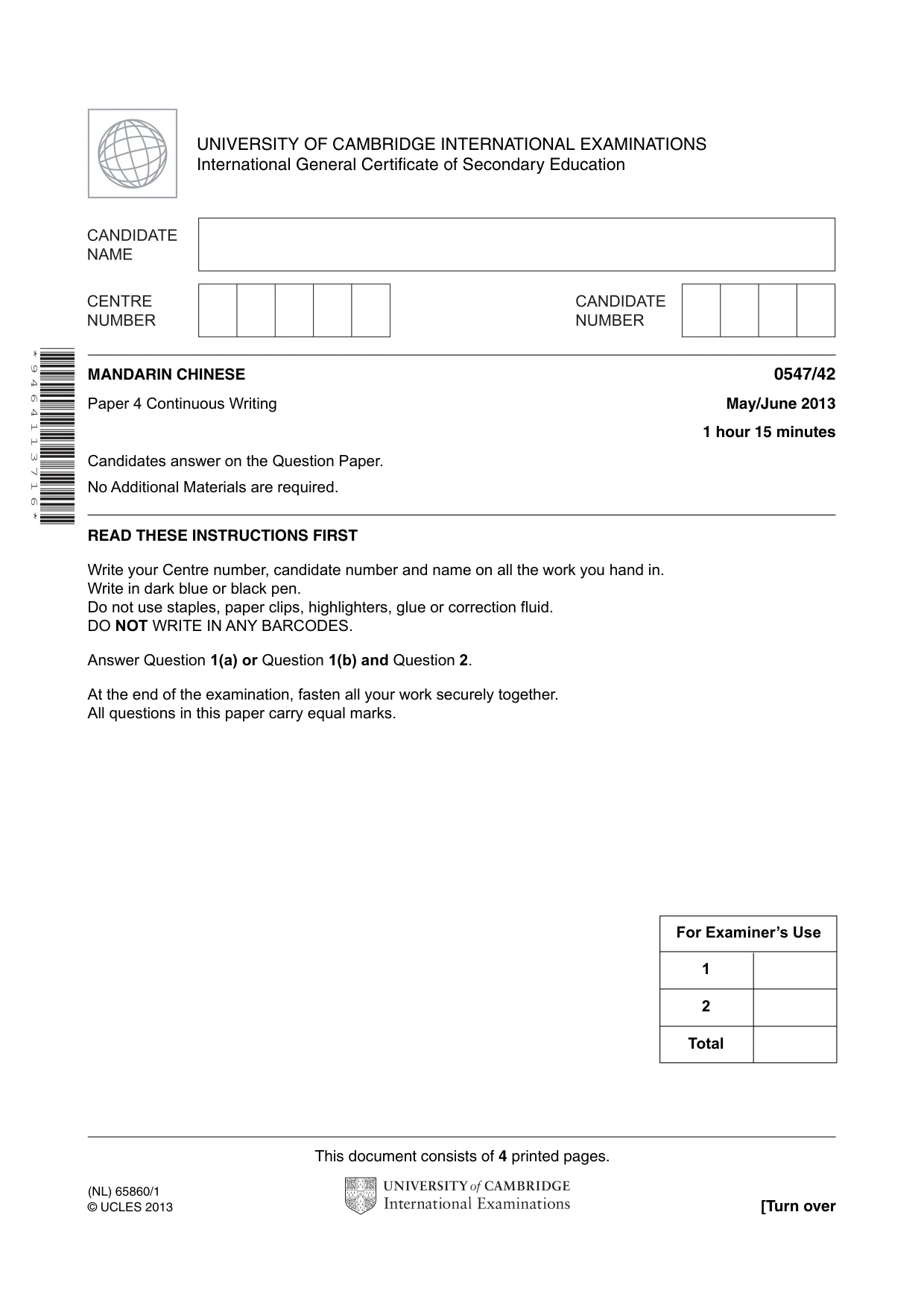 Cambridge IGCSE Chinese (Mandarin) - Foreign Language 0547 2013 May/June Paper 4 · Variant 2 question paper, page 1 of 4